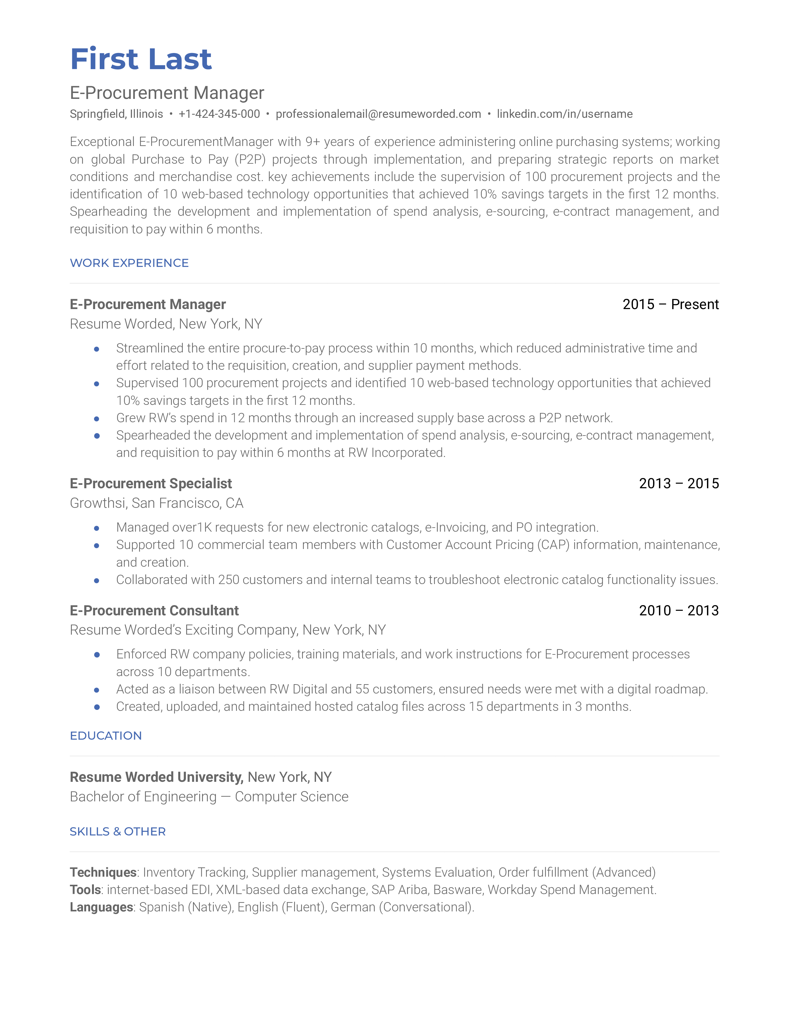 E-Procurement Manager Resume Sample