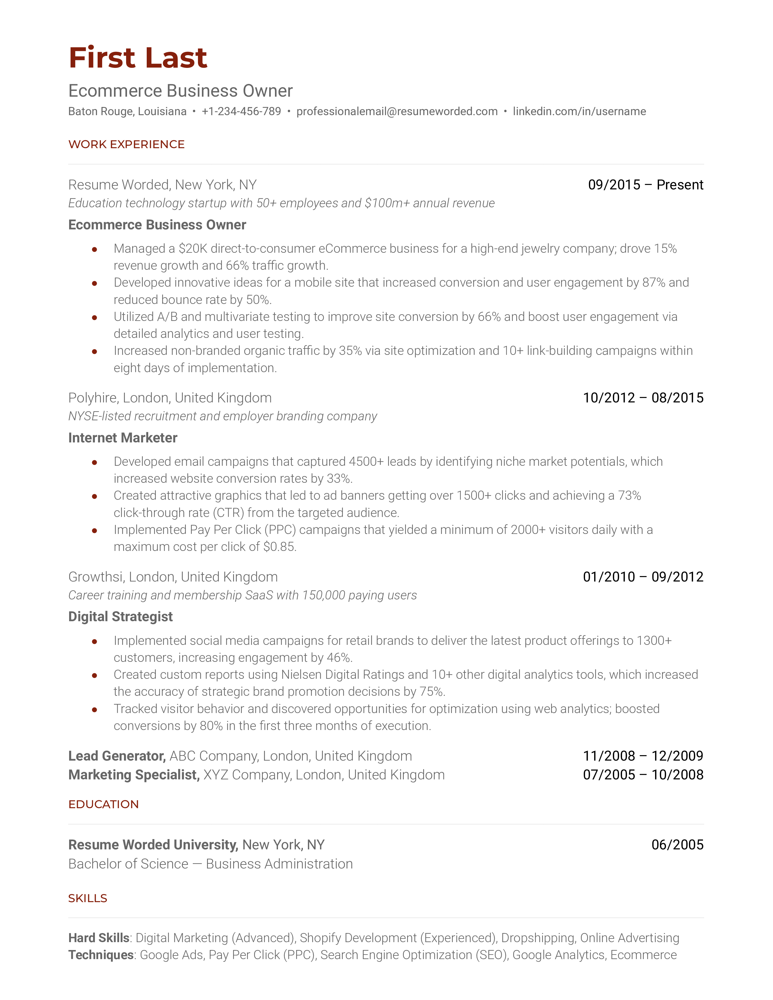 Ecommerce Business Owner Resume Sample