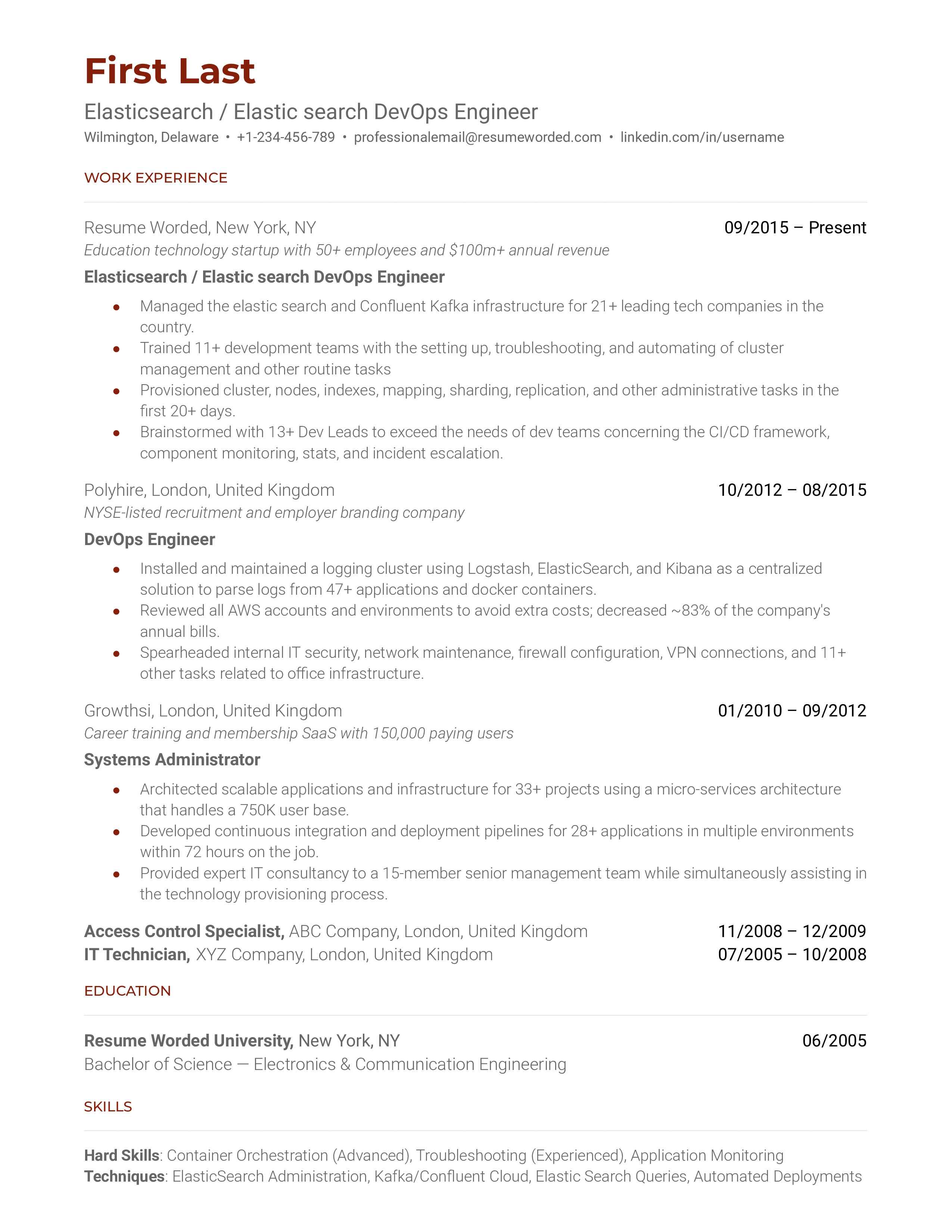 A resume for a elasticsearch DevOps engineer with a dgeree in electronics and communication engineering and experience as a DevOps engineer.