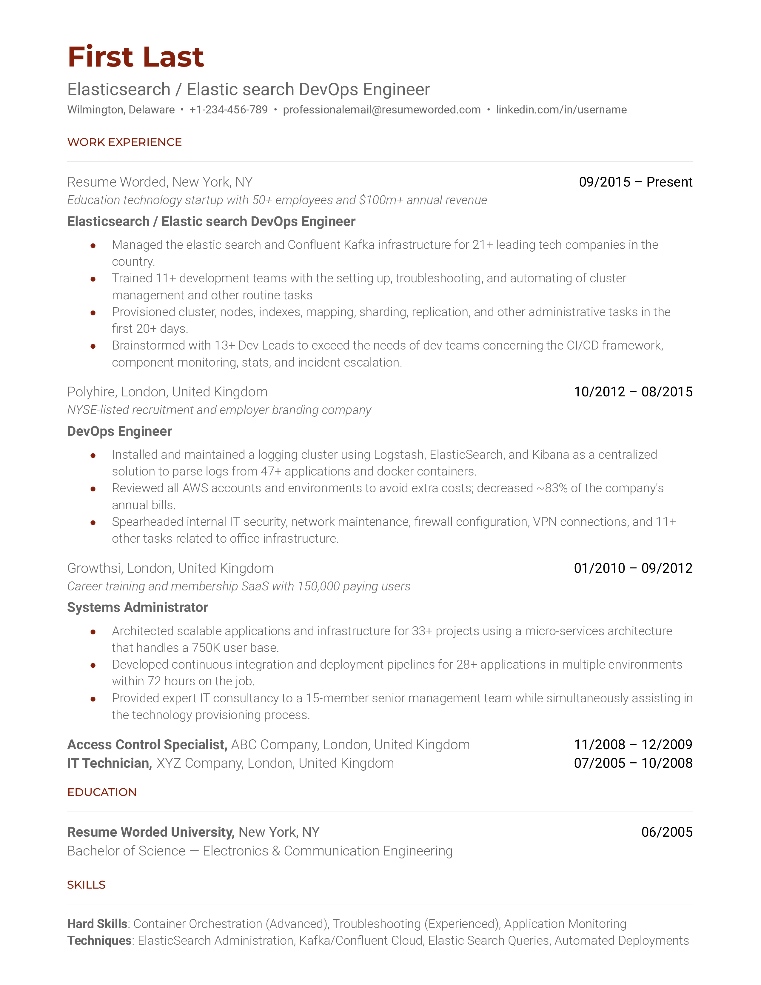 Elasticsearch / Elastic search DevOps Engineer Resume Sample