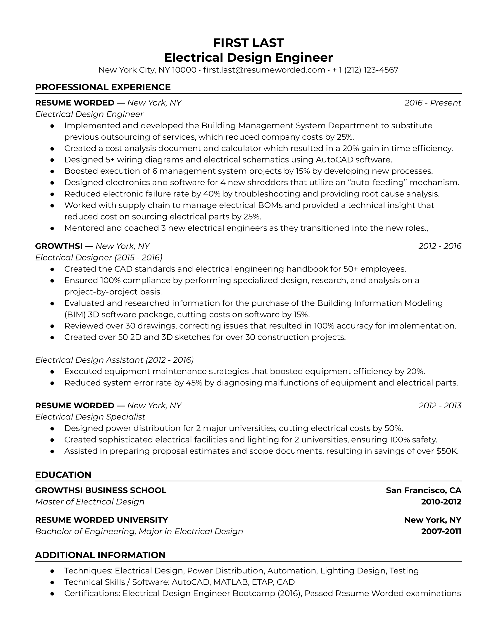 Electrical design engineer resume with hard skills section and relevant educational background