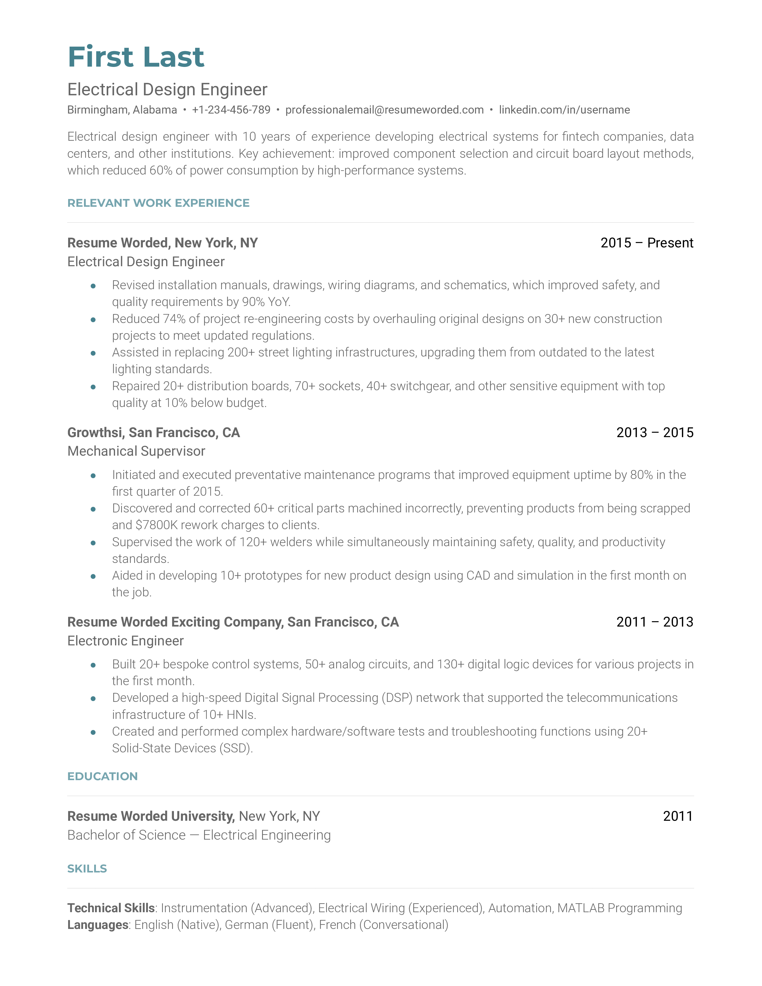 An Electrical Design Engineer resume emphasizing experience in designing electrical systems, using design software, and collaborating with teams to bring designs to life