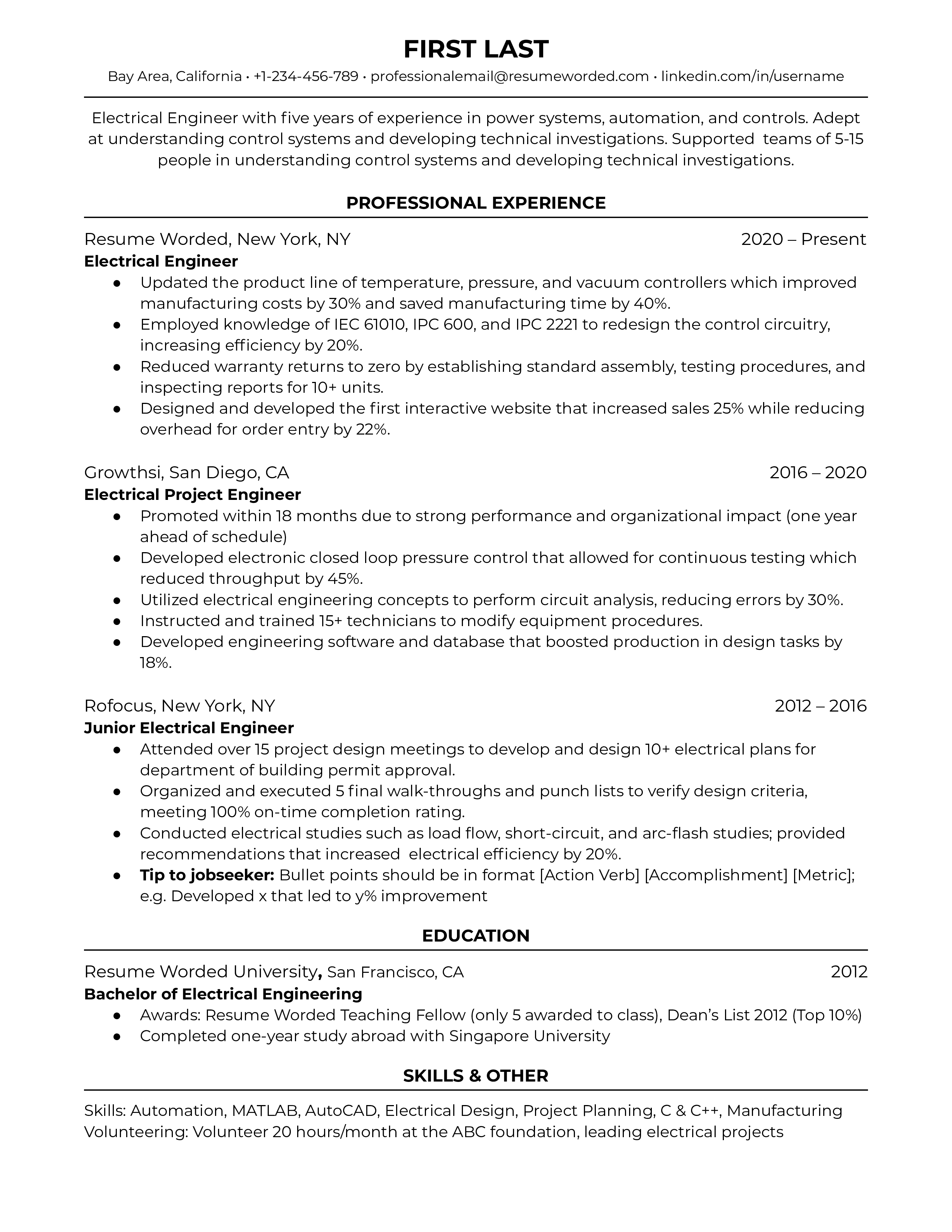 A  seasoned Electrical Engineer resume highlighting expertise in designing and testing electrical systems, troubleshooting and resolving technical issues, and ensuring safety and efficiency in all electrical systems and components.