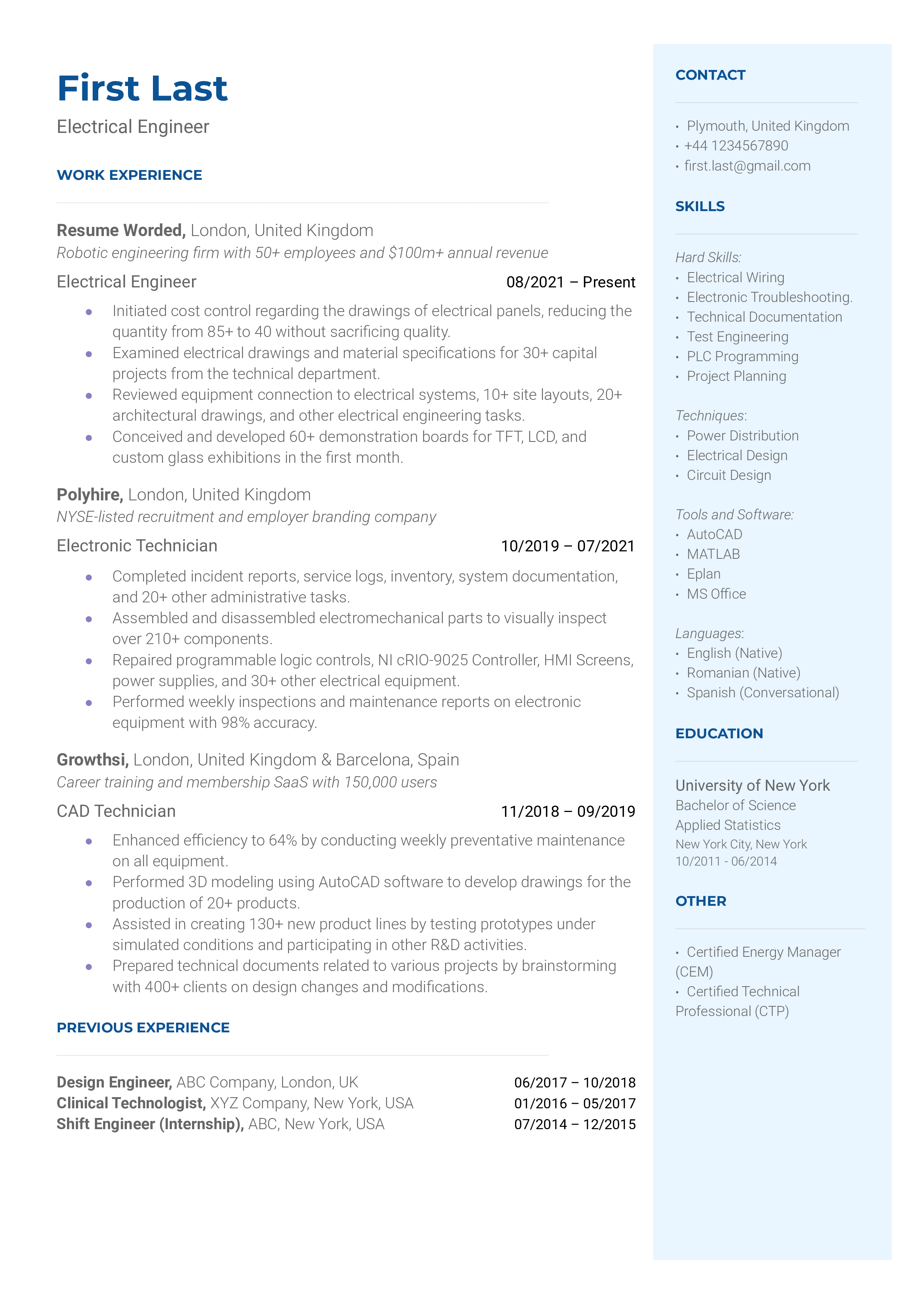 CV for an electrical engineer showcasing technical skills and project-based experiences.