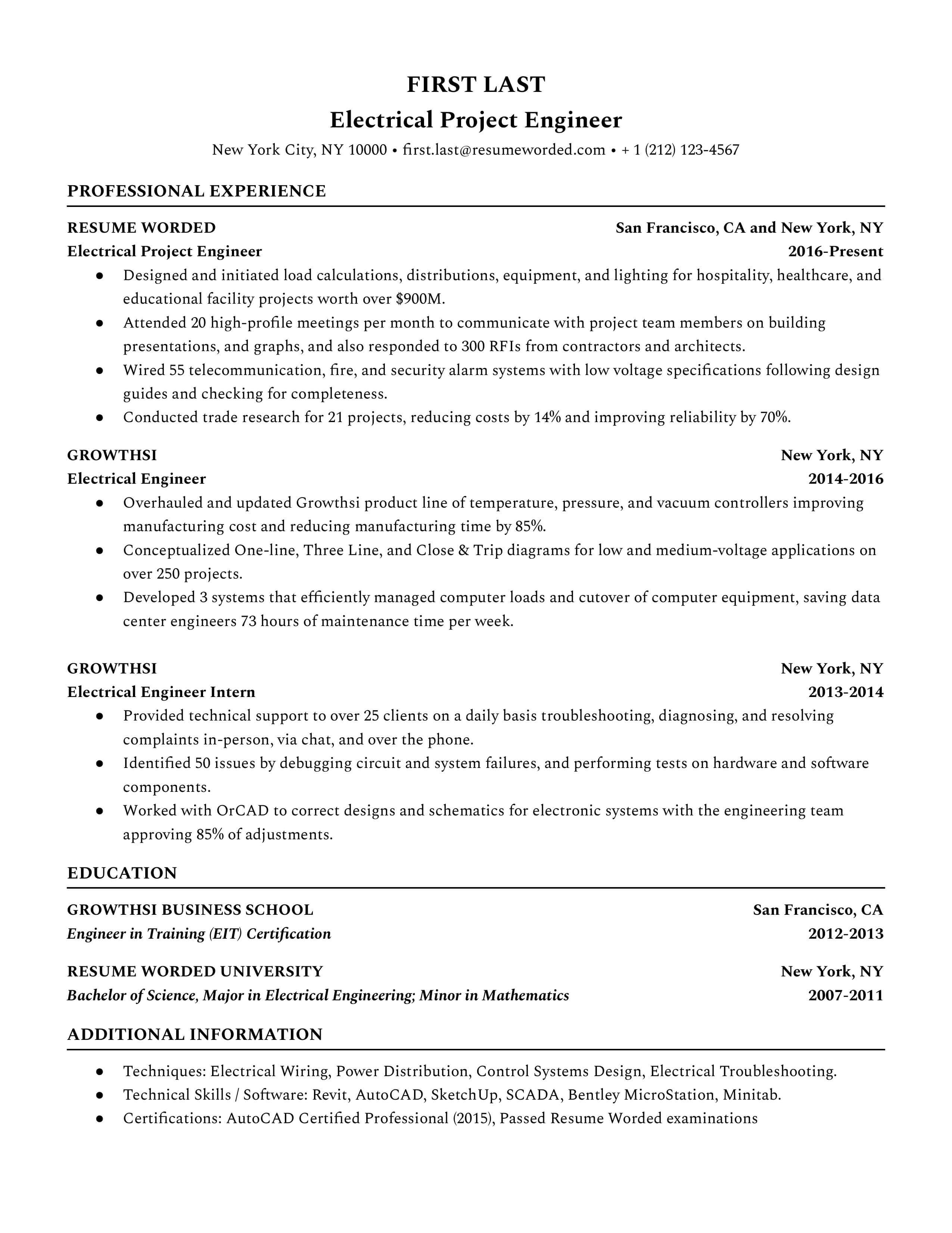 A detailed CV showcasing the mix of technical and management skills of an Electrical Project Engineer.