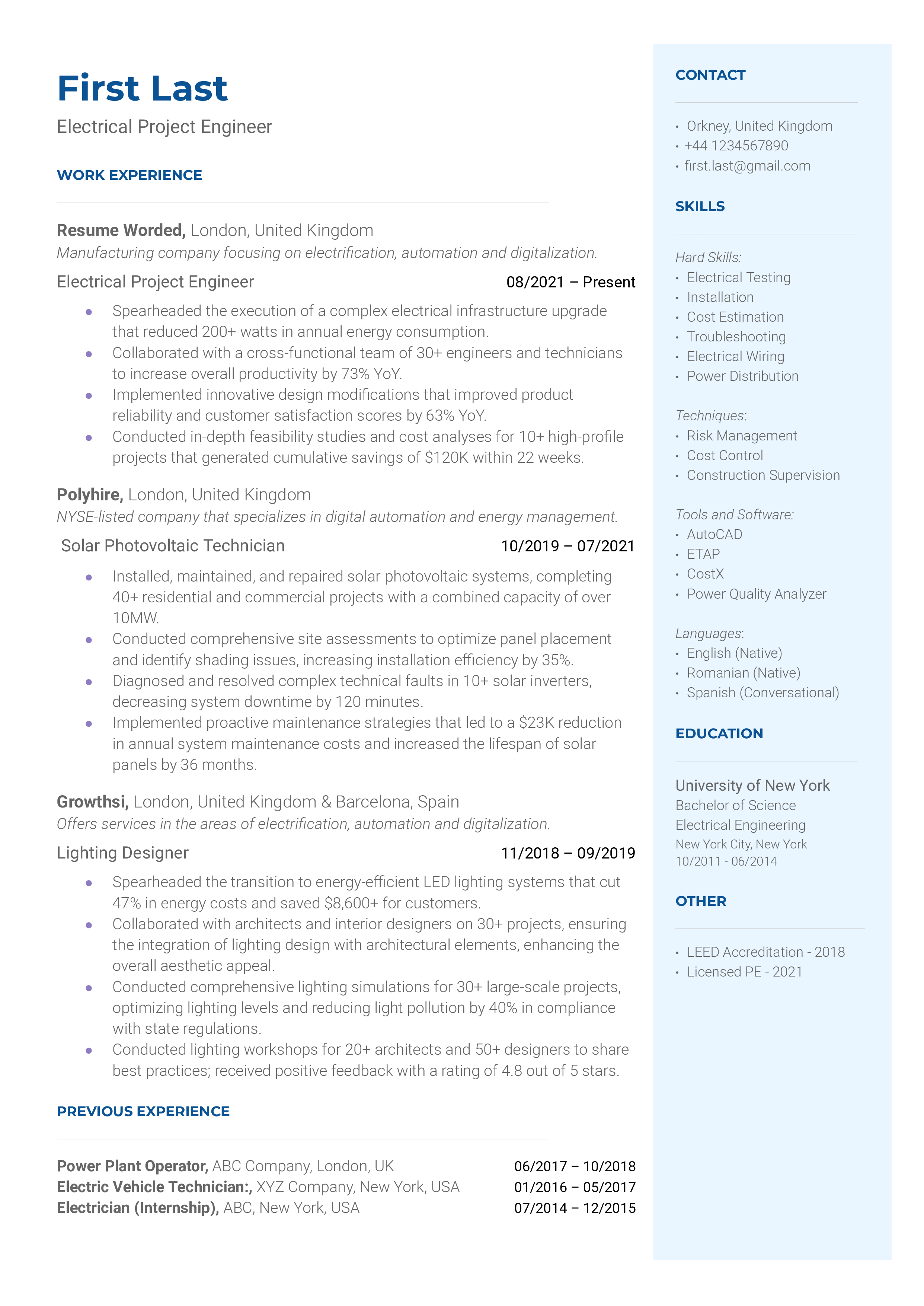 A well-structured CV for an Electrical Project Engineer role.