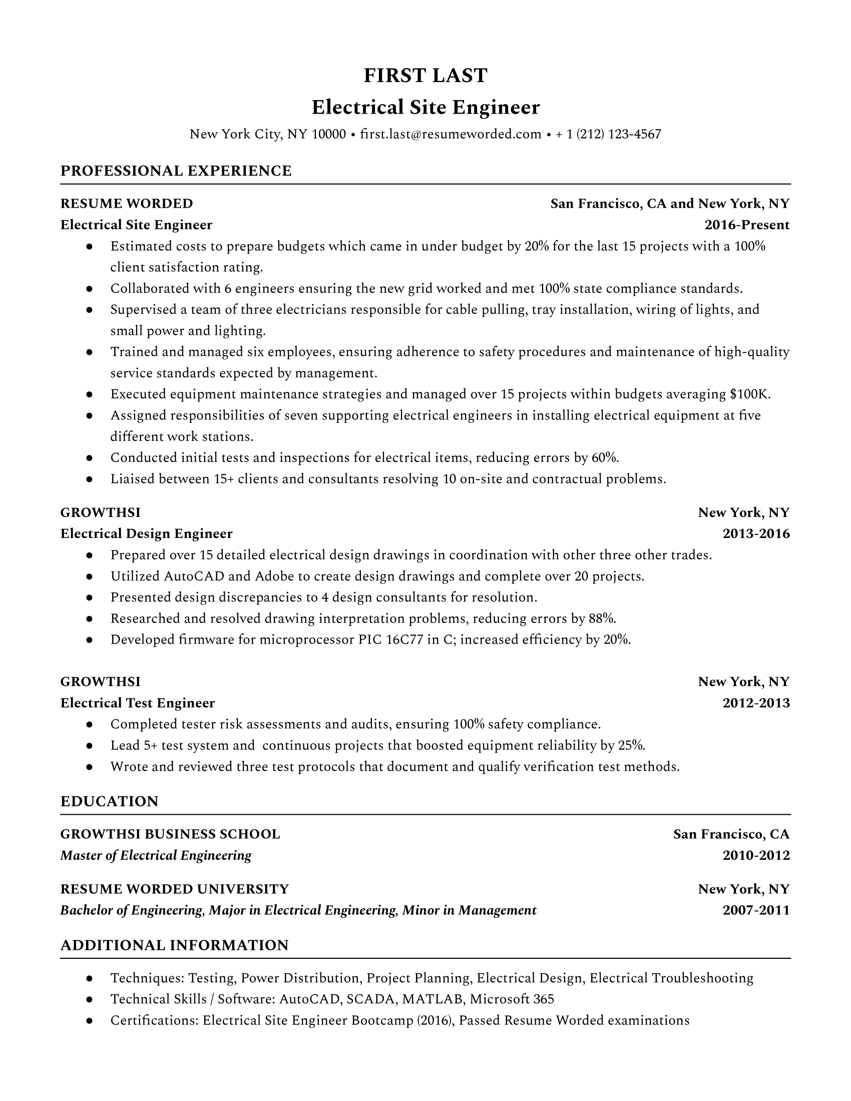 Electrical site engineer resume with relevant work experience, leadership skills, and strong action verbs