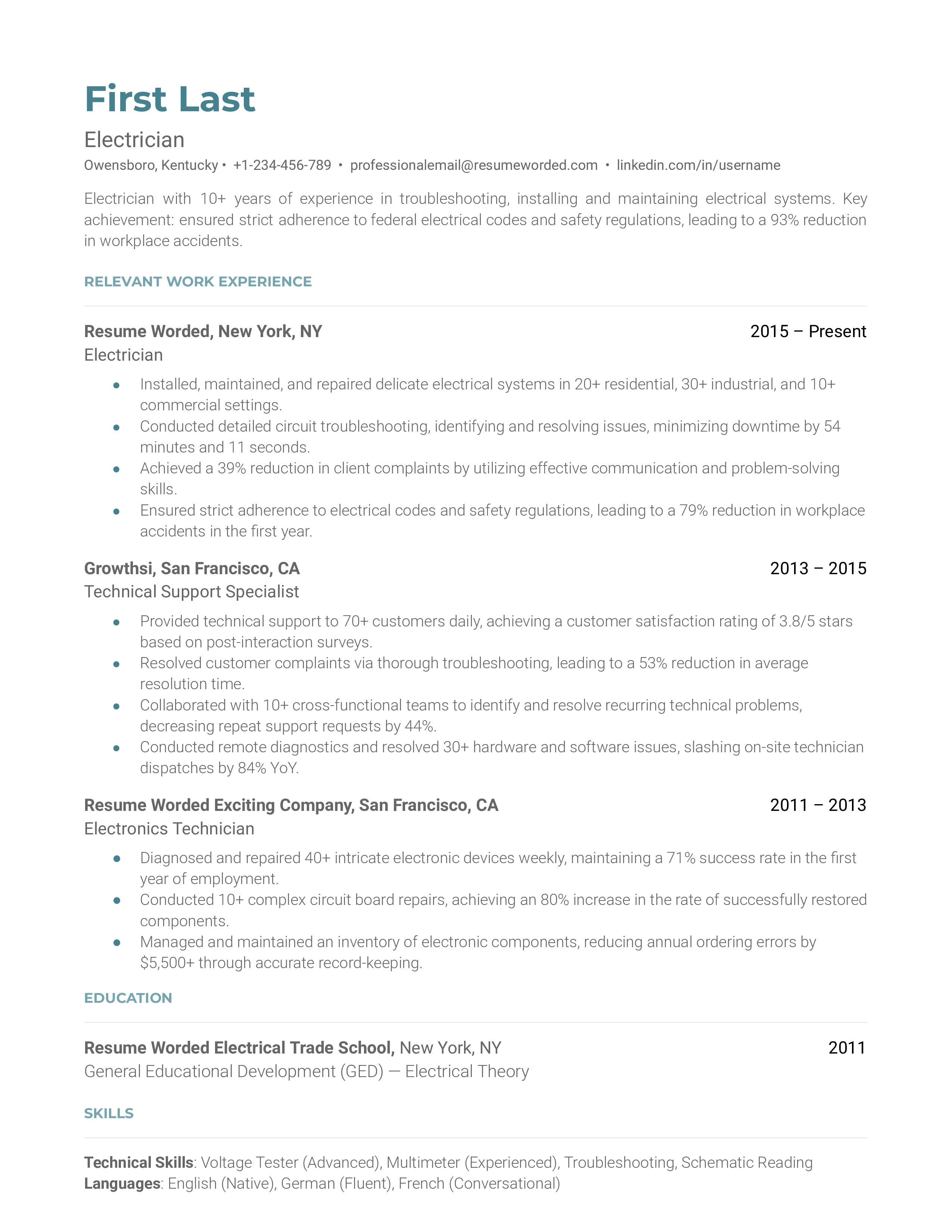 Electrician's CV showcasing work experience, certifications, and problem-solving skills.