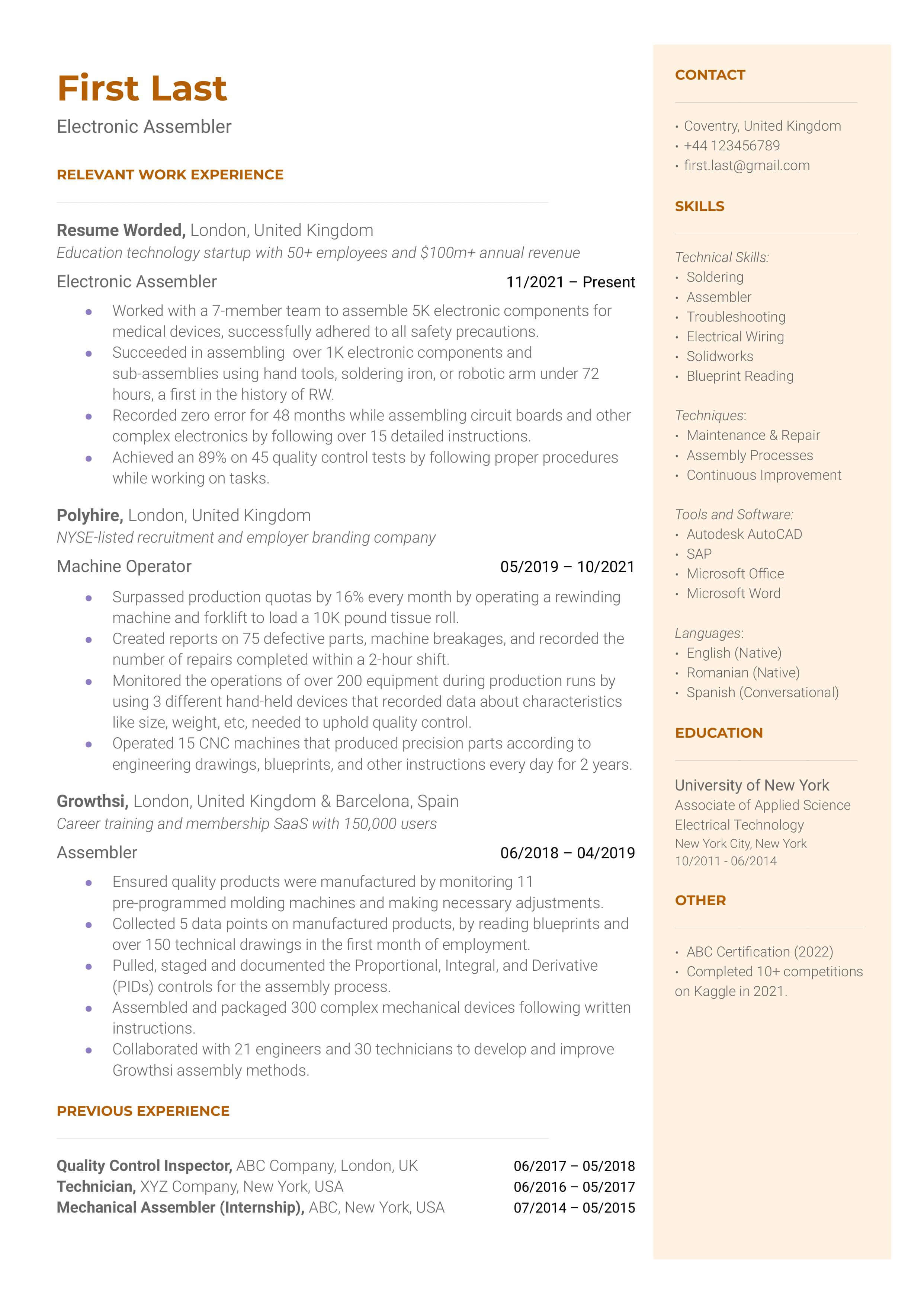 A well-crafted CV for an Electronic Assembler showcasing their experience with automation and environmental sustainability.
