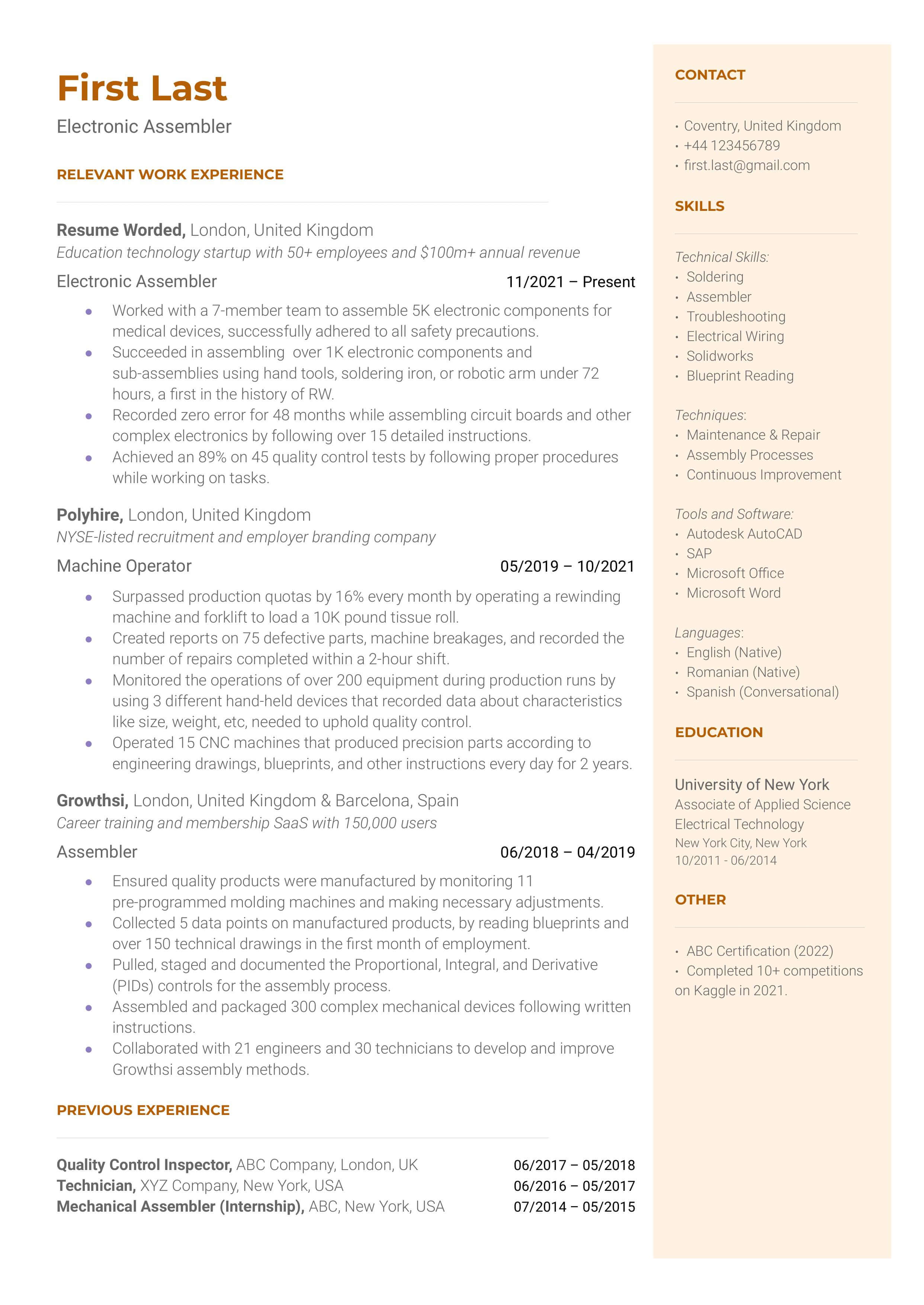 Facilities Technician Resume Example For 2023 Resume Worded   Electronic Assembler 