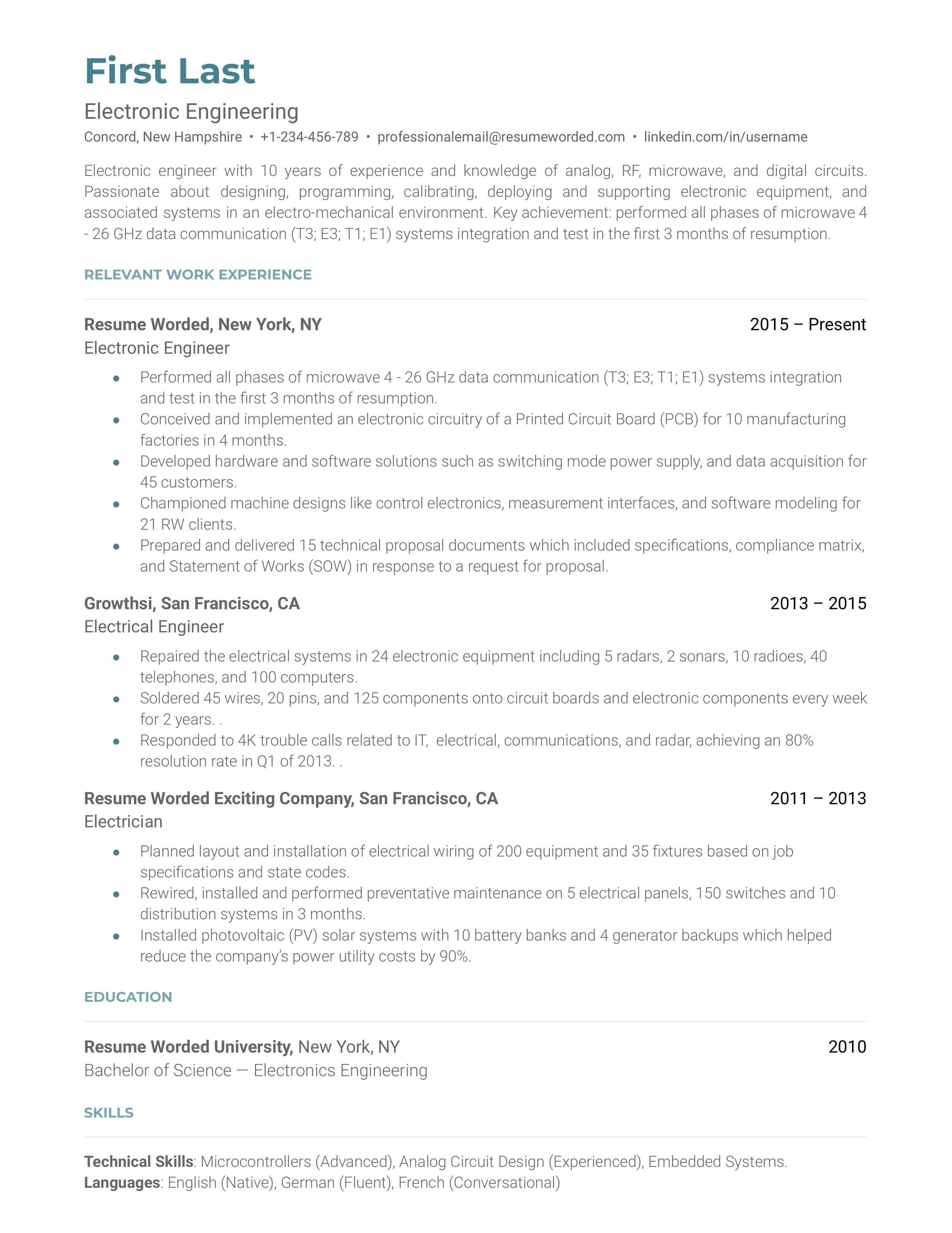 An electronic engineering resume sample that highlights the applicant's extensive experience and quantifiable success.