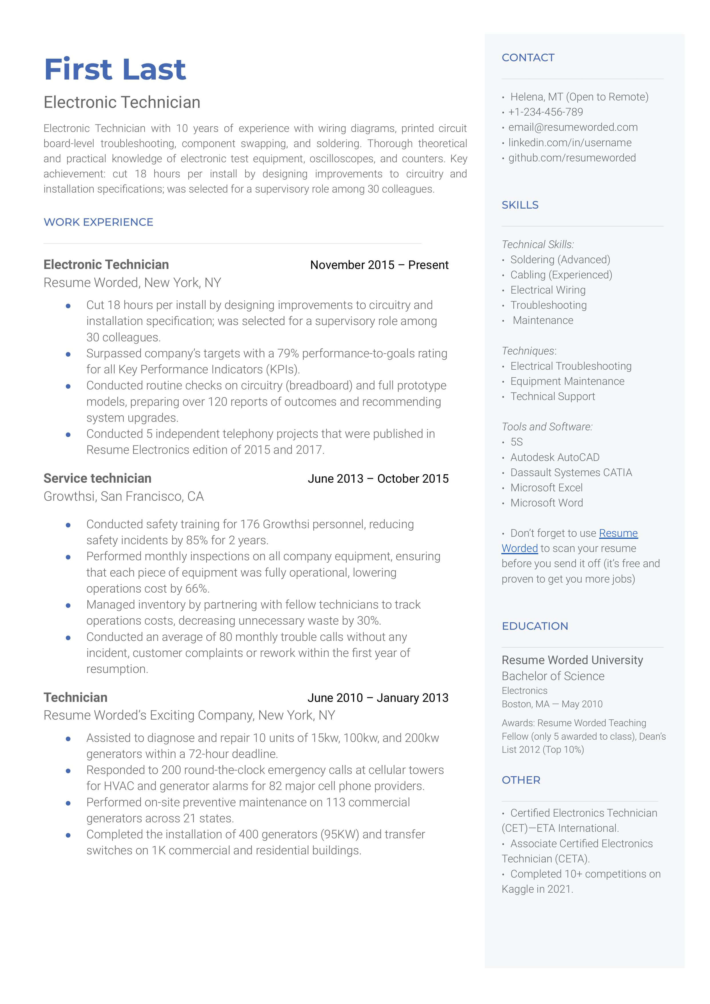 An electronic technician's CV showcasing practical experience and industry-specific certifications.