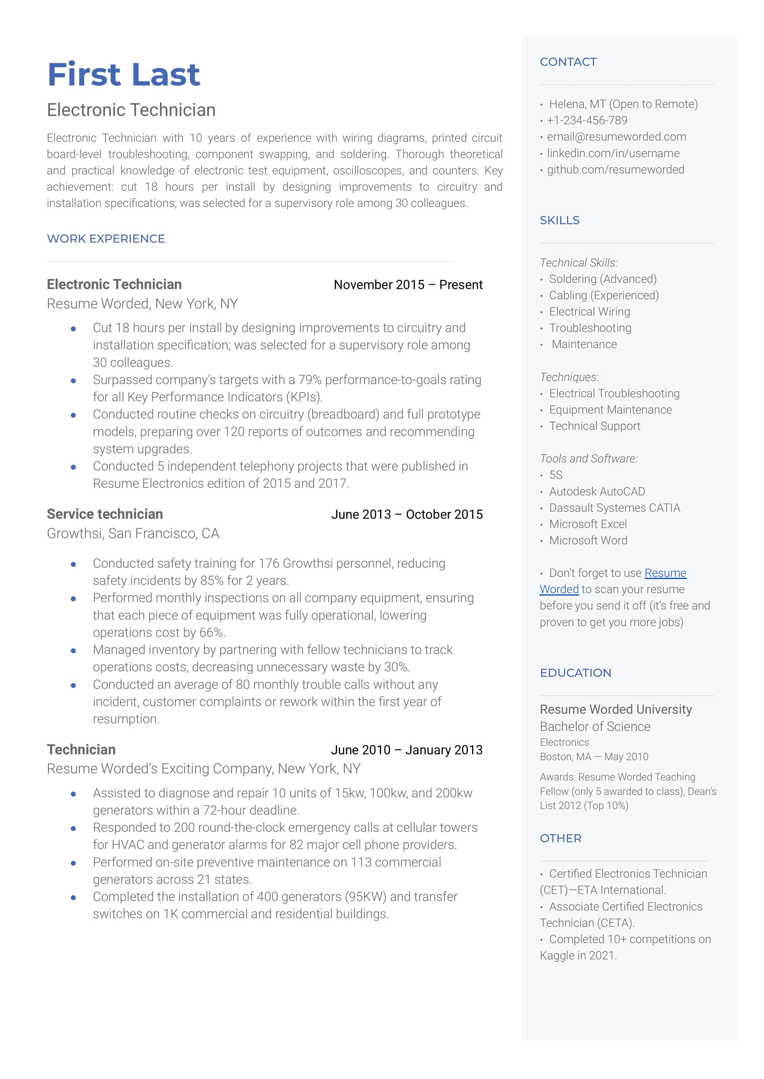 Facilities Technician Resume Example for 2023 | Resume Worded