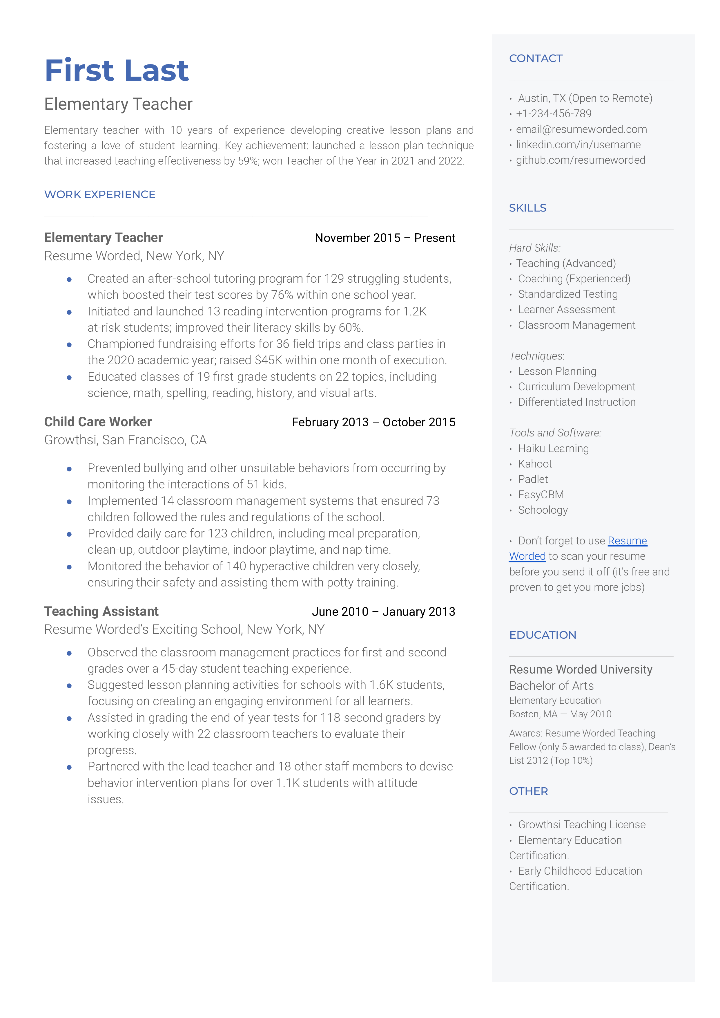 An elementary teacher resume sample that highlights the applicant’s certifications and initiative.