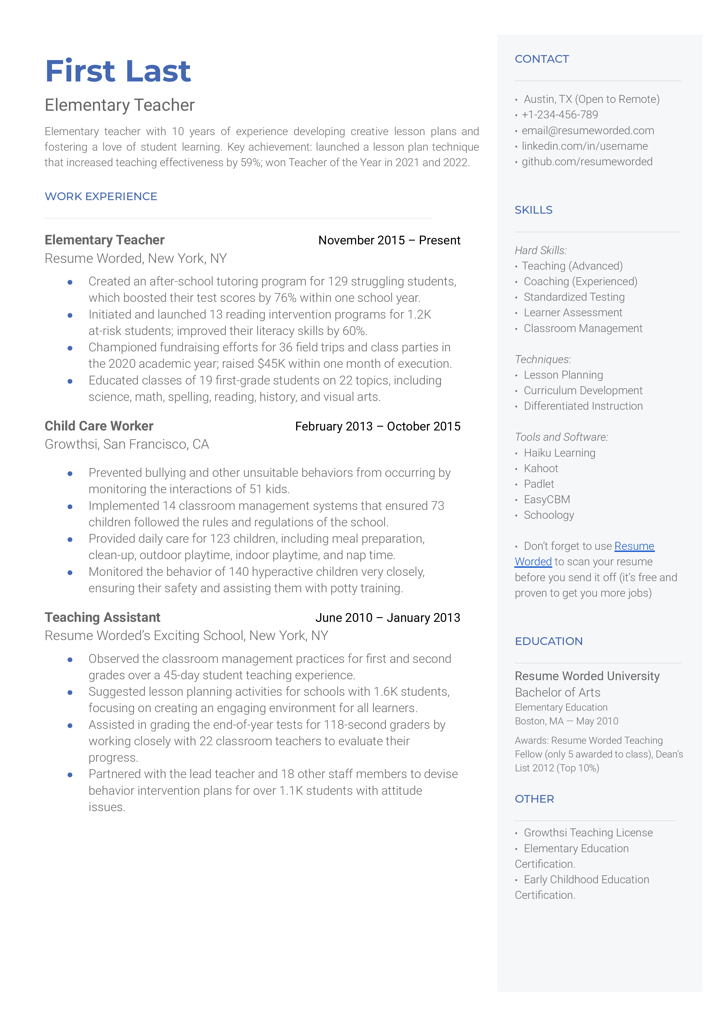 Elementary Teacher Resume Sample