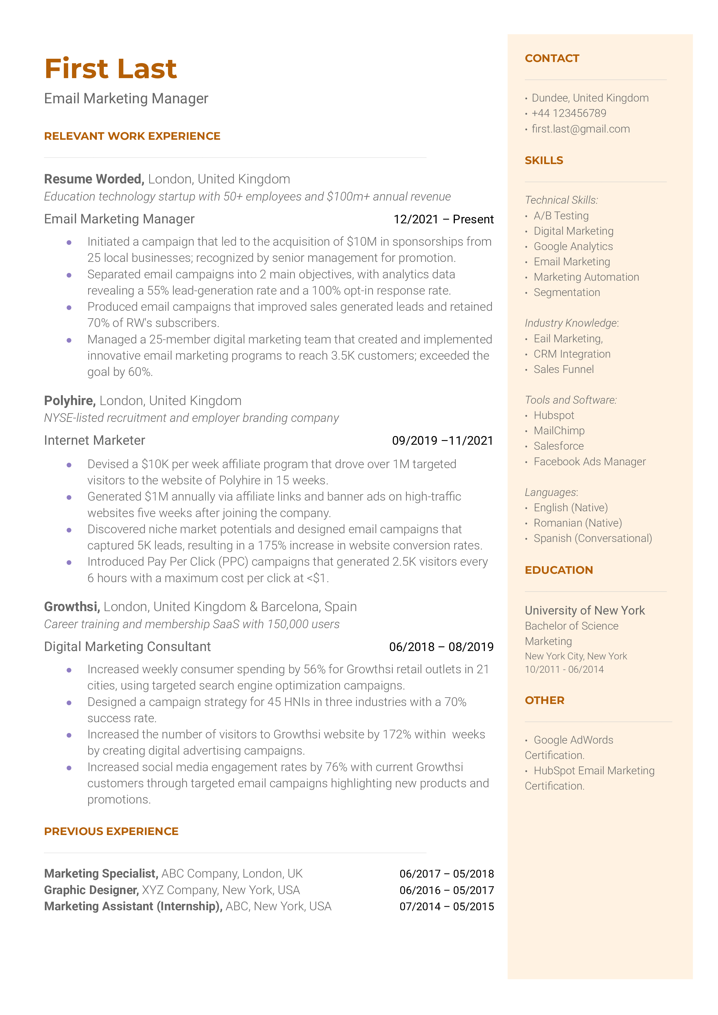 Email marketing manager resume sample that highlights the applicant’s marketing experience and tools.