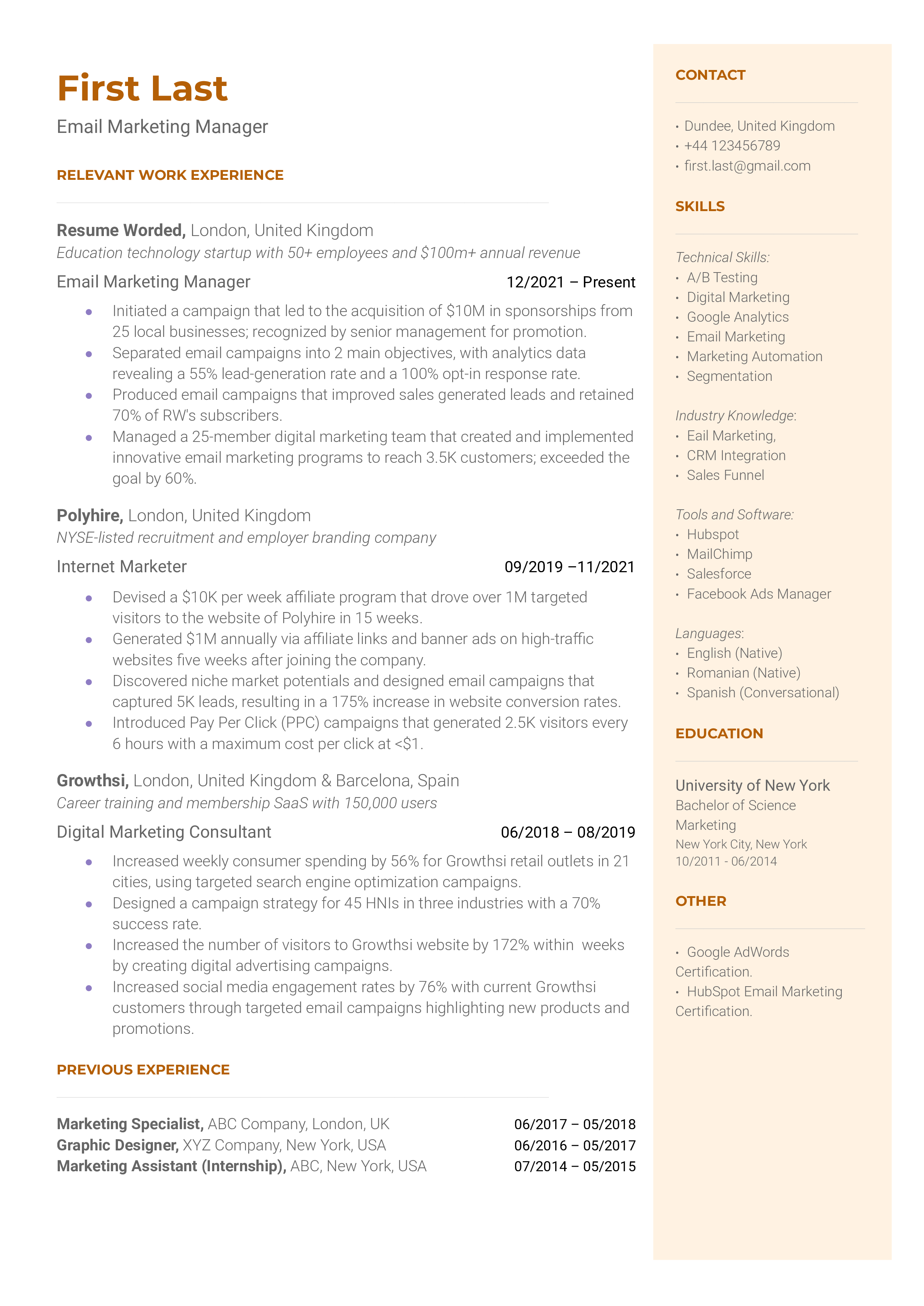 Email Marketing Manager Resume Example for 2023 | Resume Worded