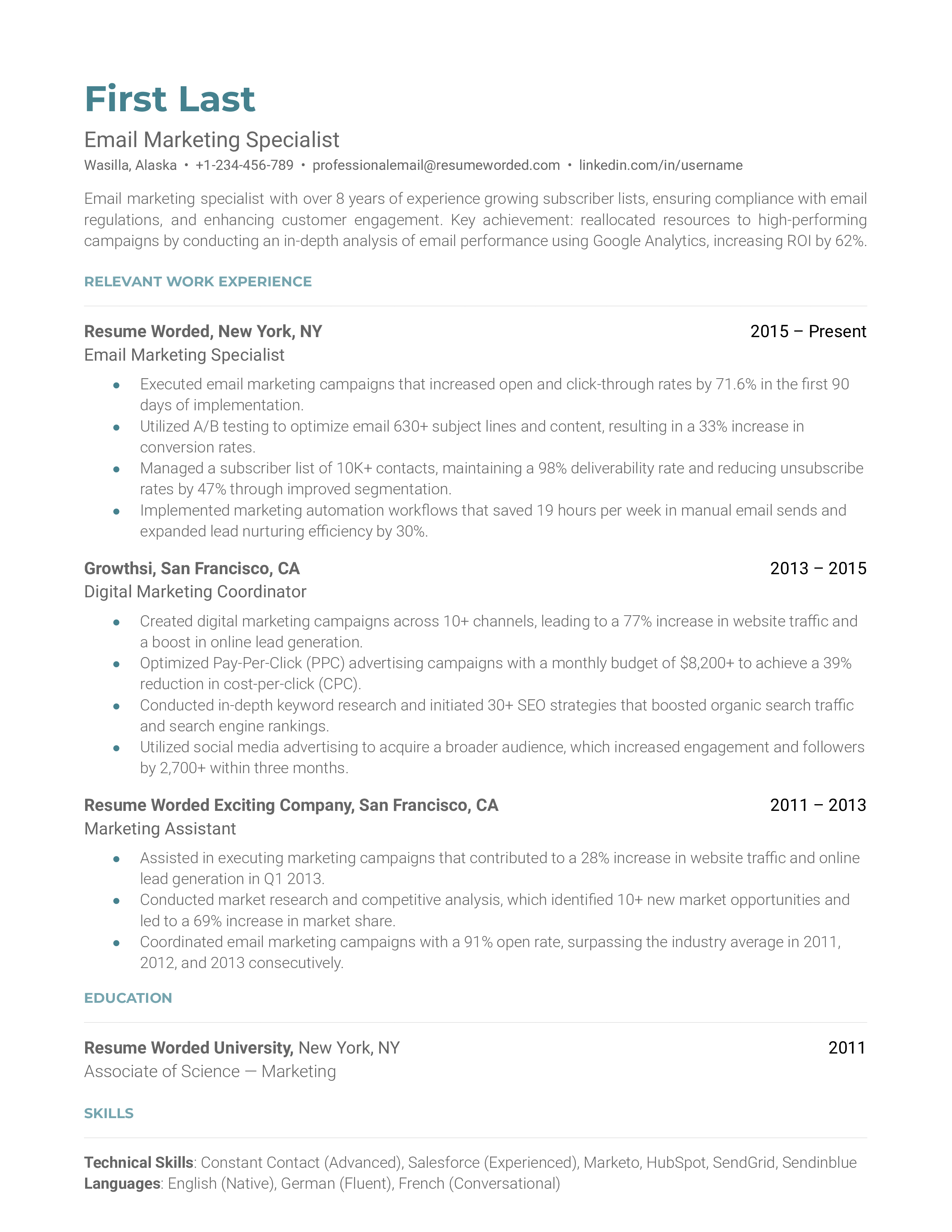 Professional resume for an Email Marketing Specialist showcasing relevant skills and achievements.