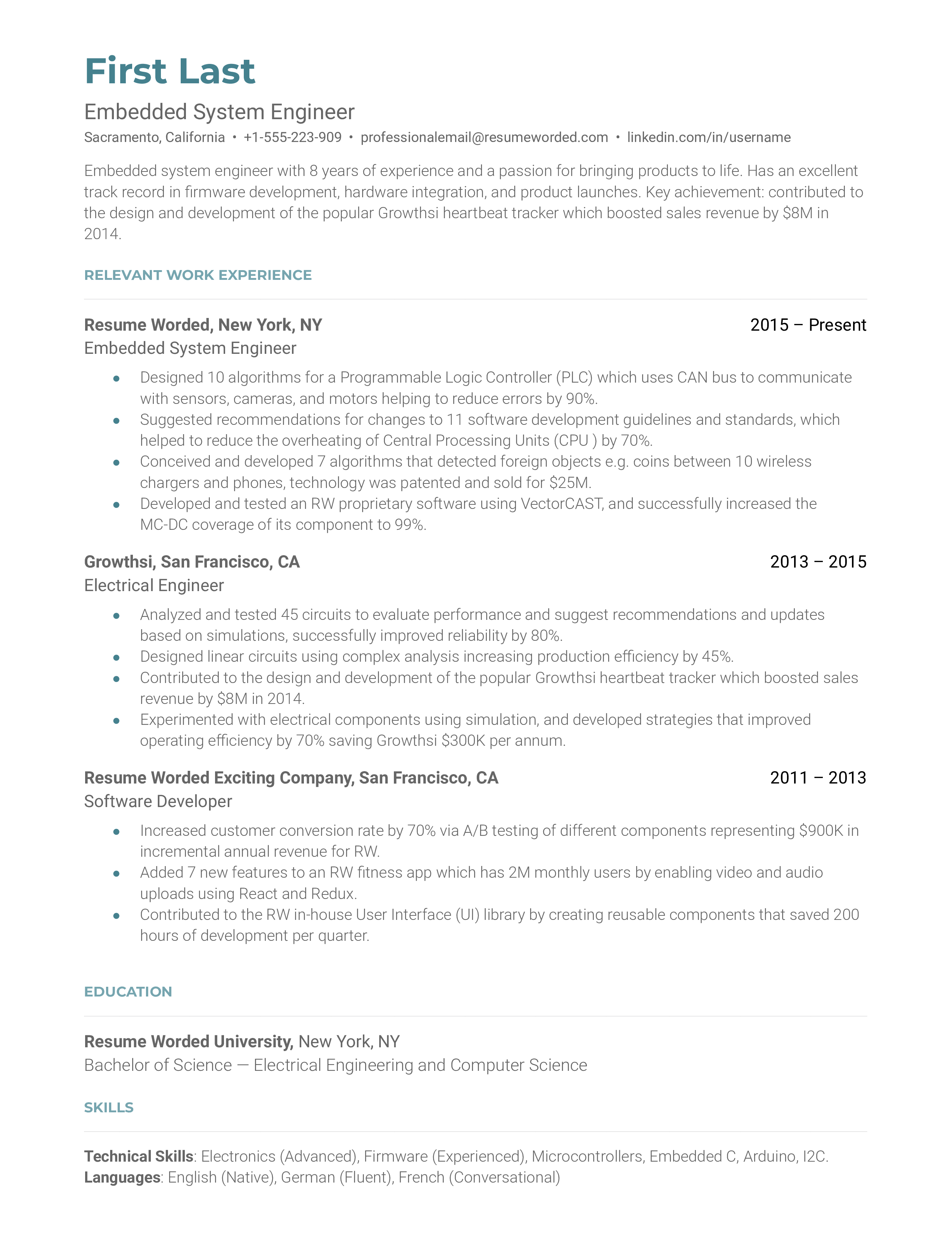 A snapshot of a CV for an Embedded System Engineer role.