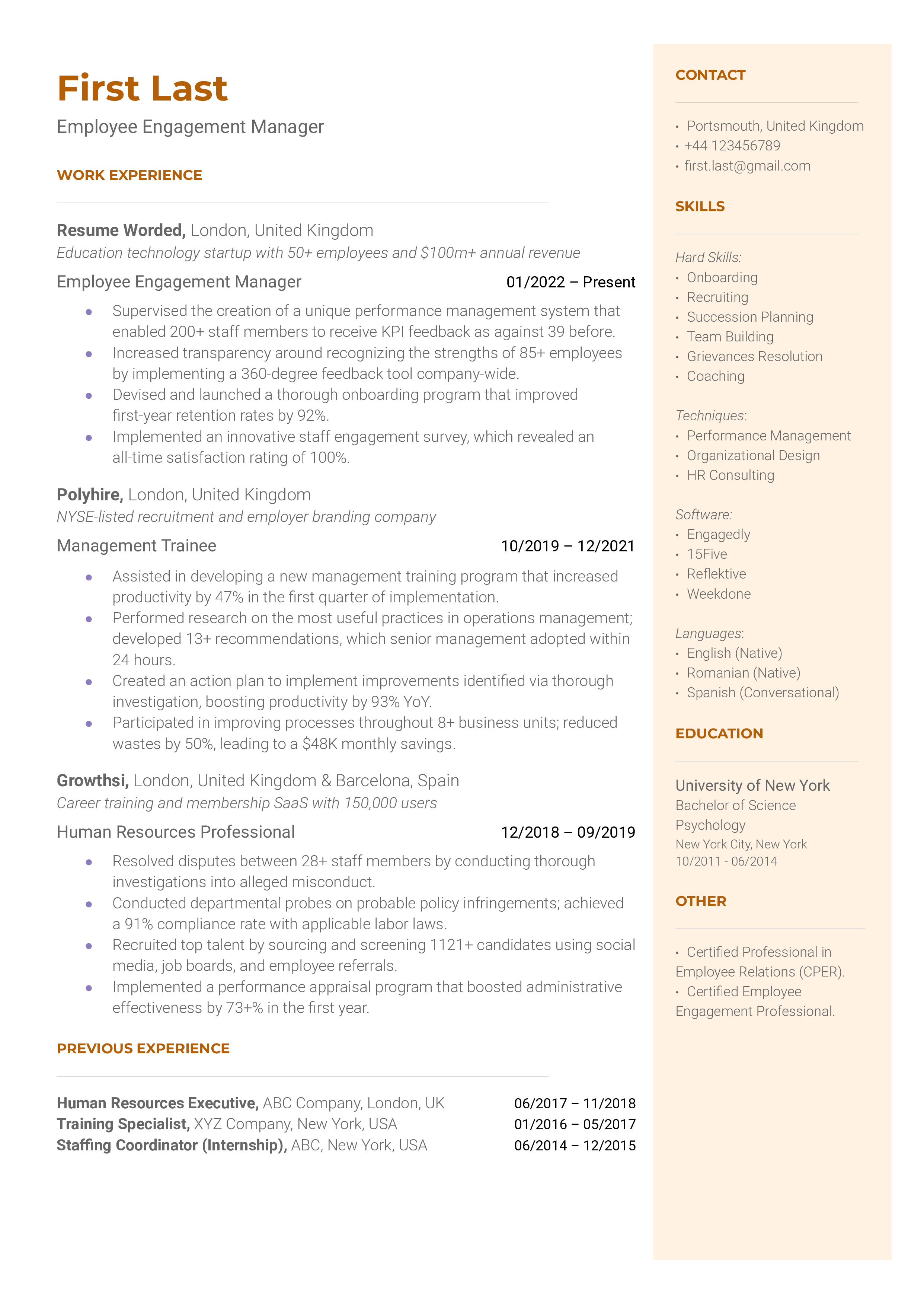 Employee Engagement Manager Resume Sample