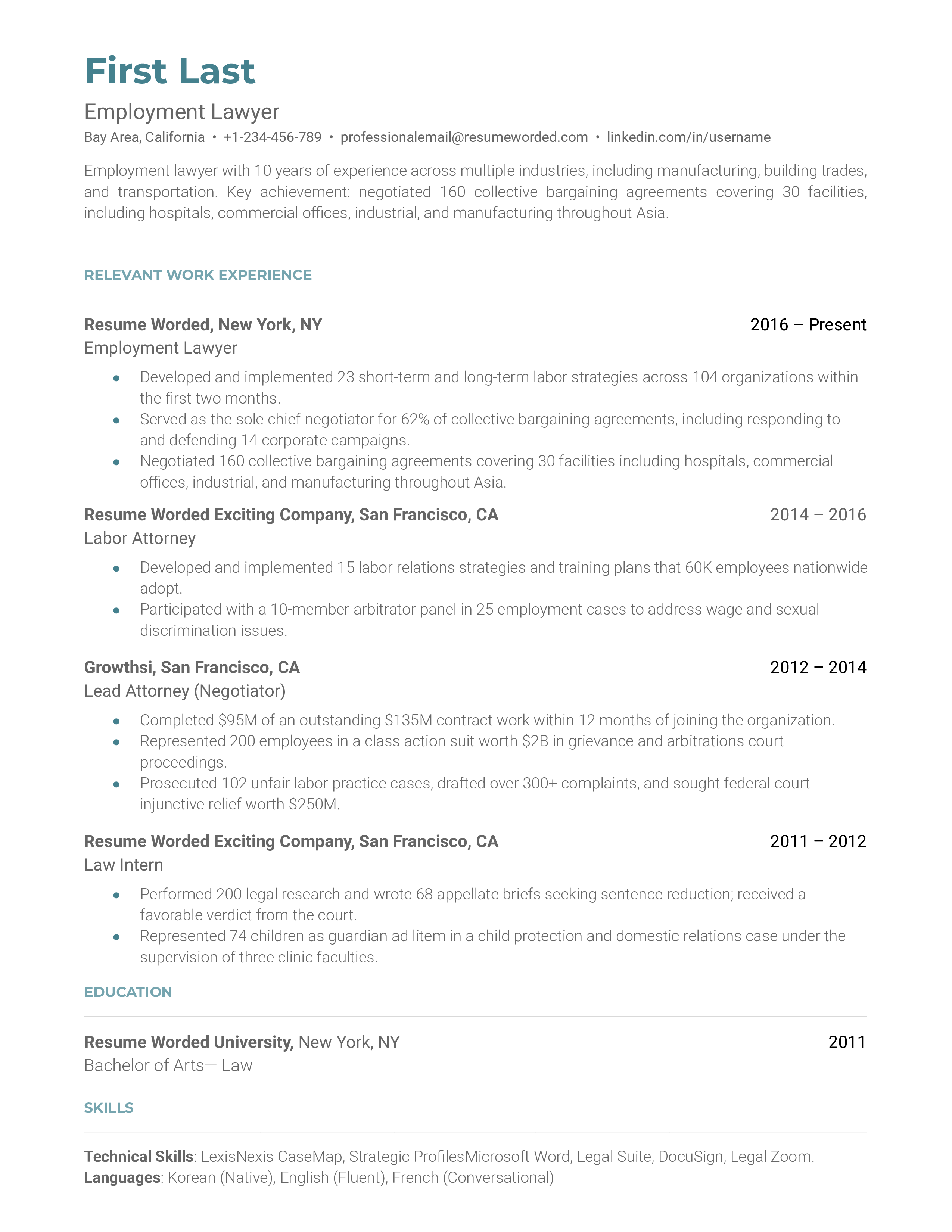 Employment Lawyer Resume Sample