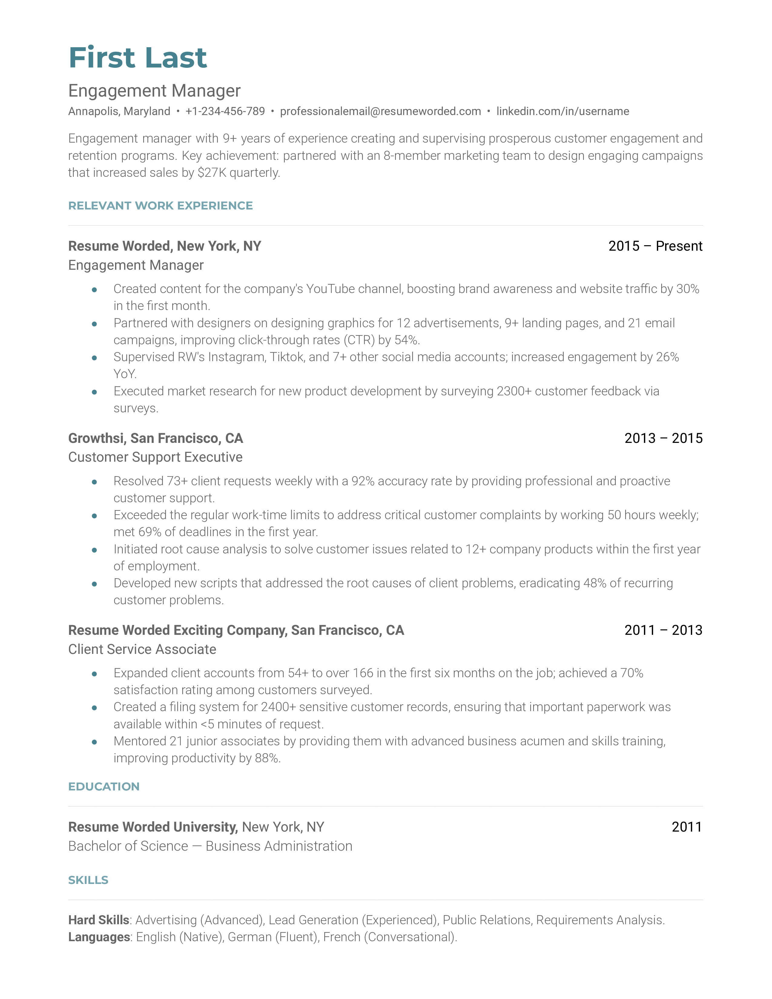 An engagement manager resume template that highlights in-demand technical skills.