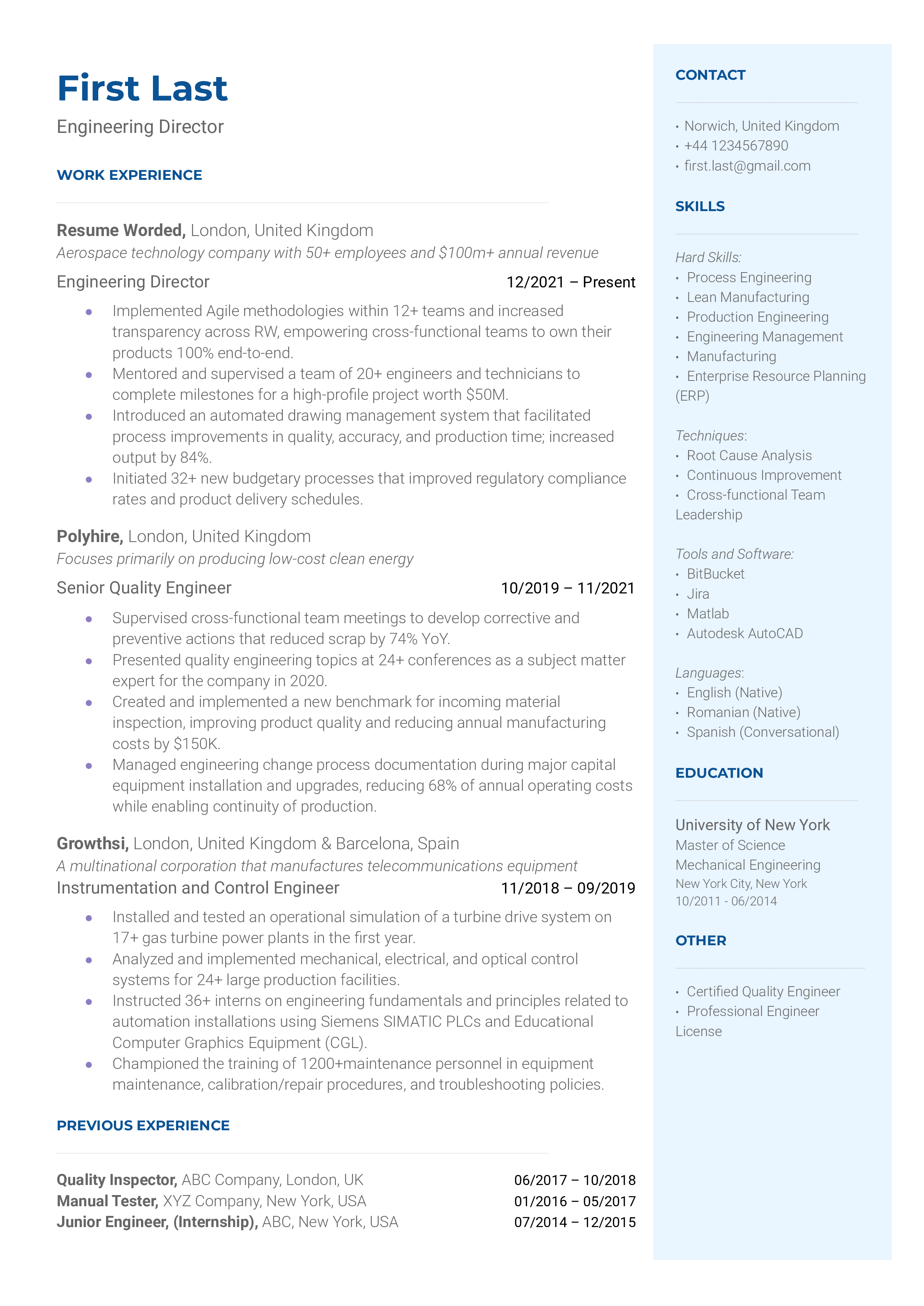 A engineering director resume template that prioritizes technical skills.