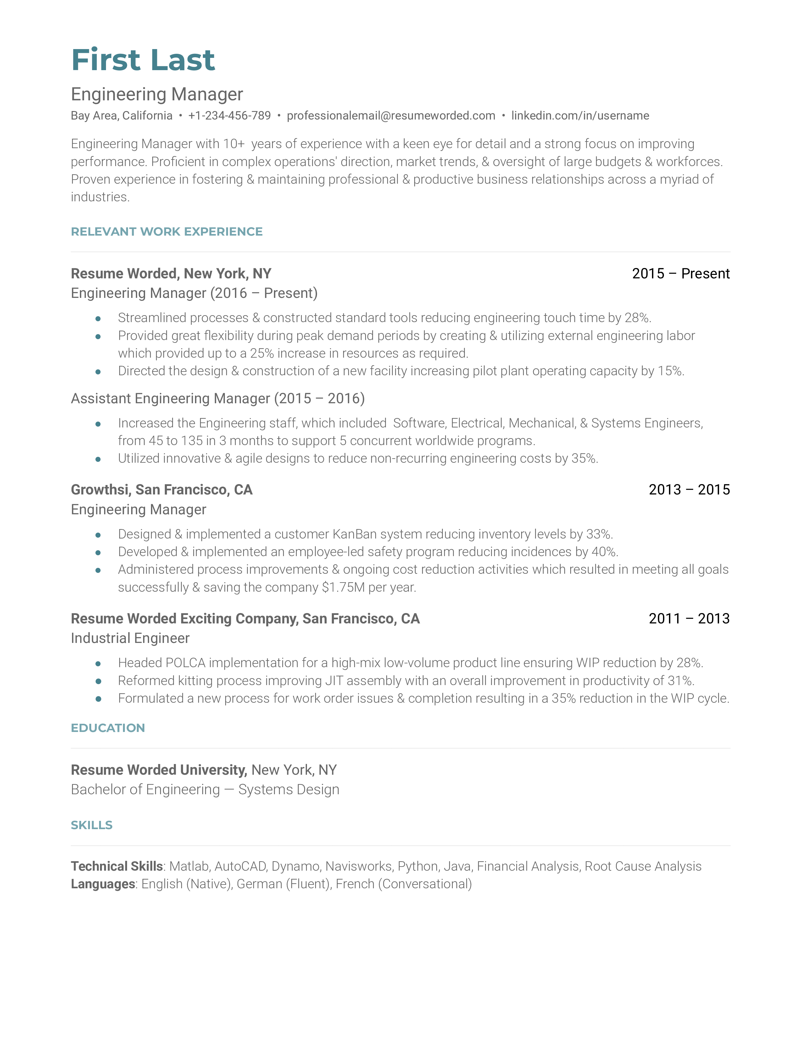 A professionally written CV targeting Engineering Manager roles.