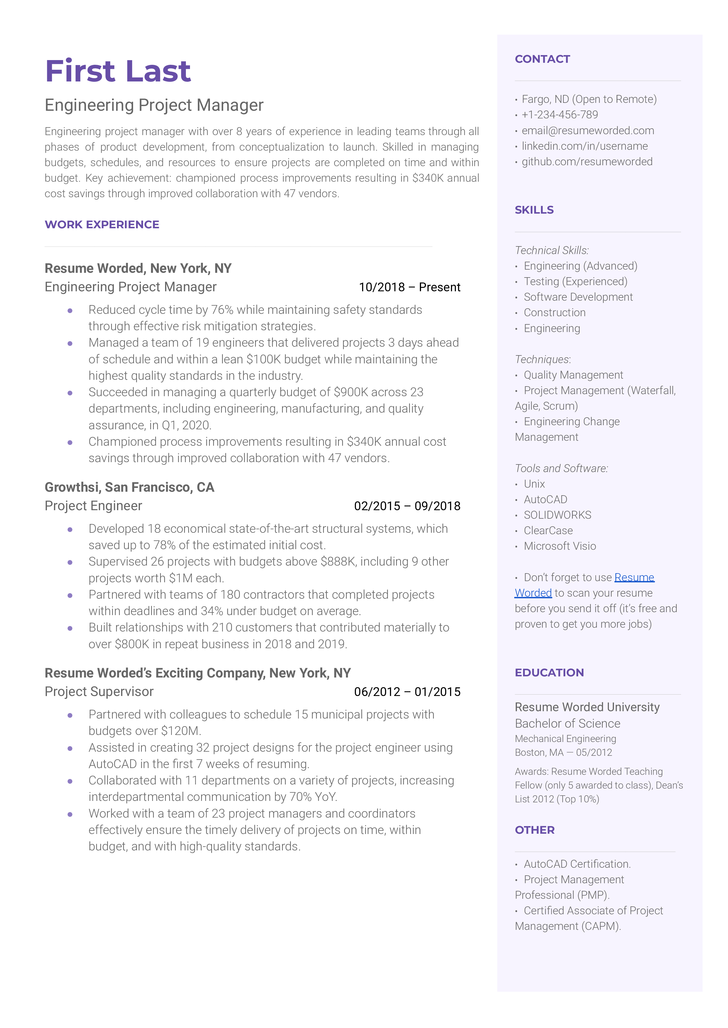 An engineering project manager resume sample that highlights the applicant's engineering background and knowledge.