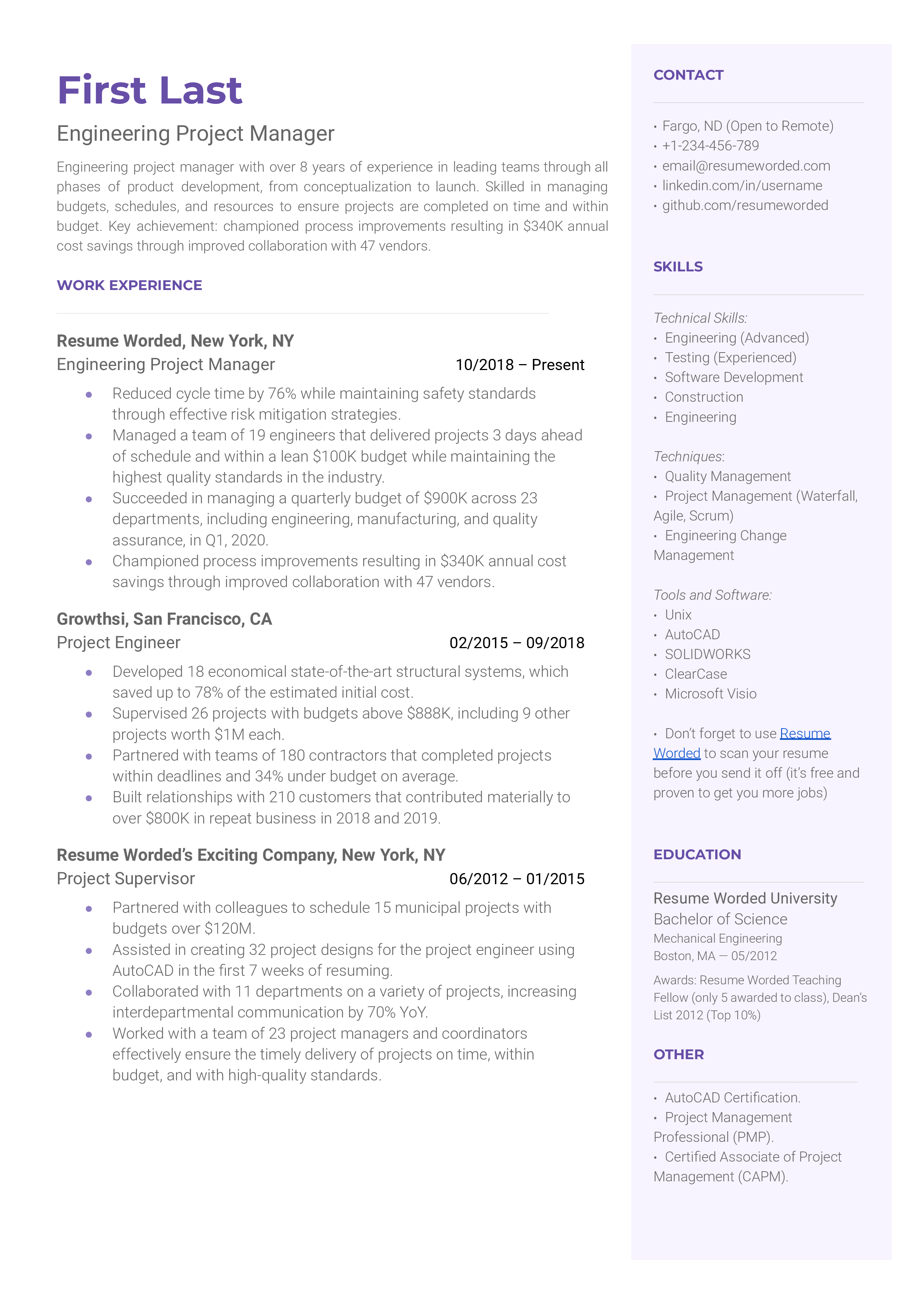 sample engineering project manager resumes