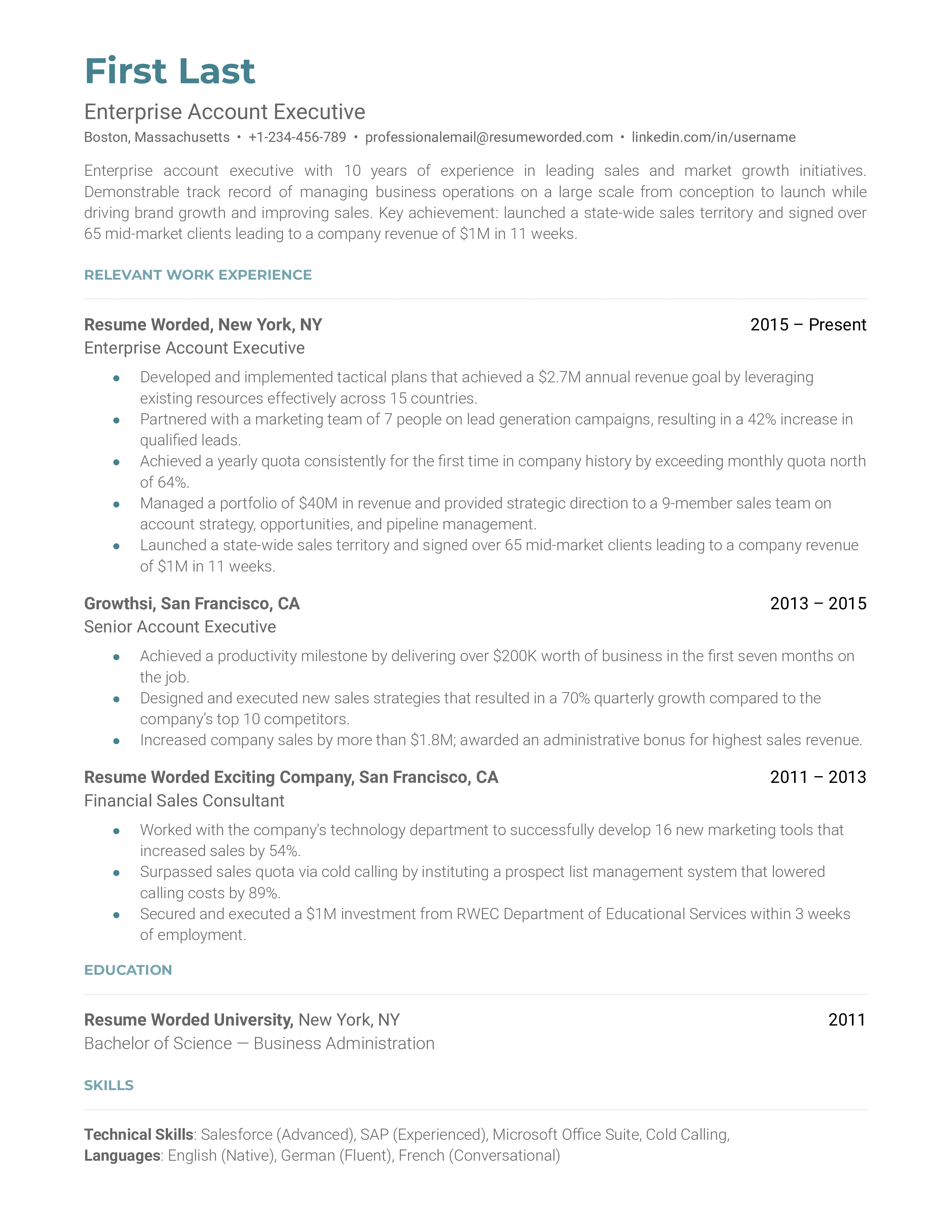 A CV for an Enterprise Account Executive featuring sales achievements and technical understanding.