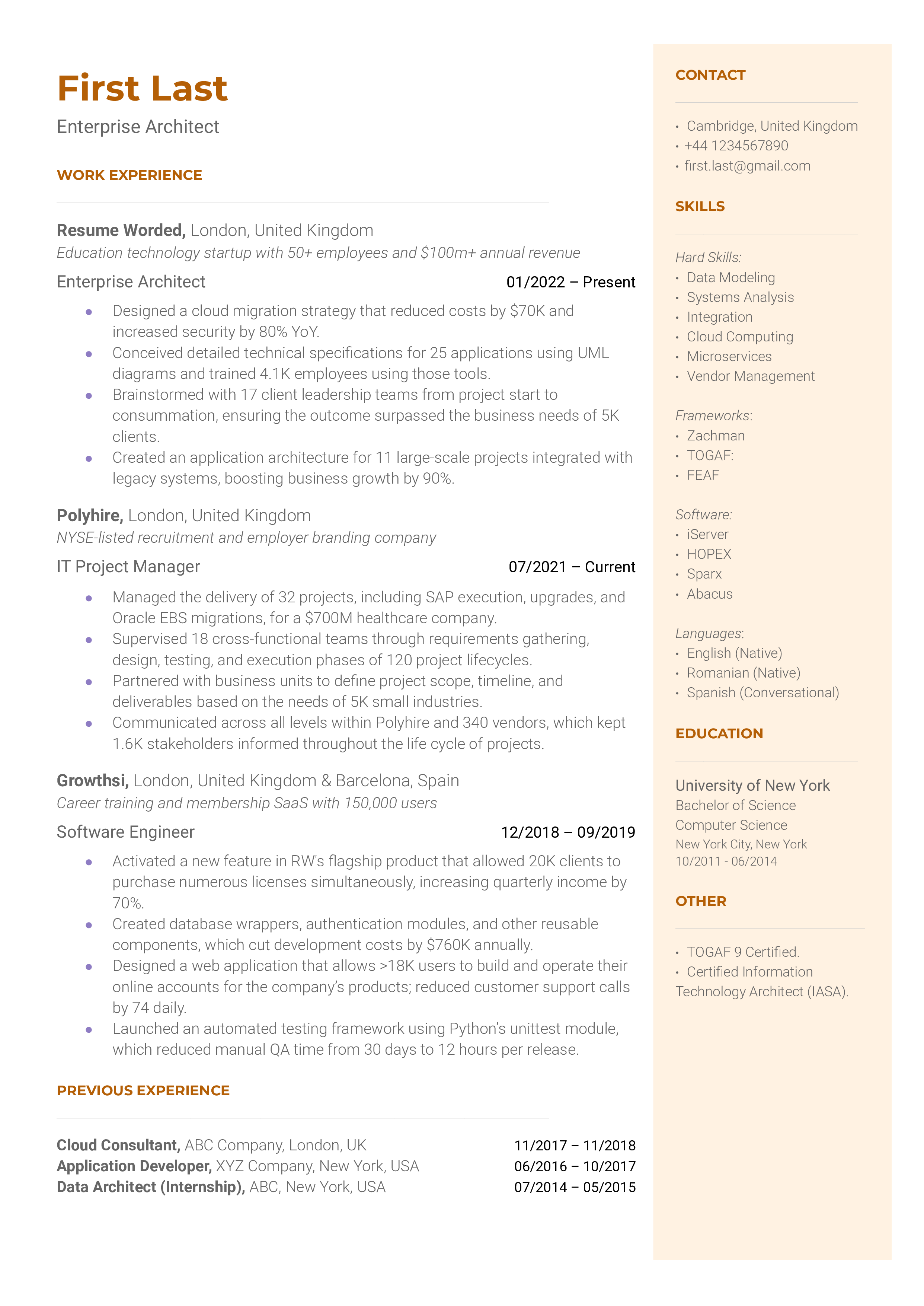 A CV screenshot highlighting key qualifications and experiences for an Enterprise Architect role.