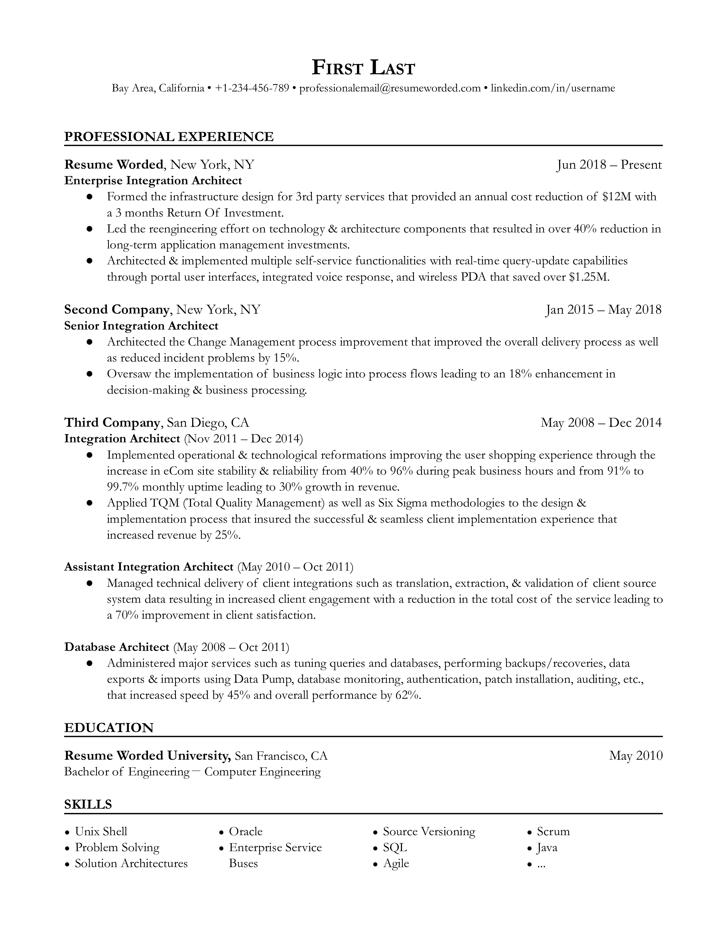 A resume template showing the experience and skills of an Enterprise Integration Architect with 10+years in the industry