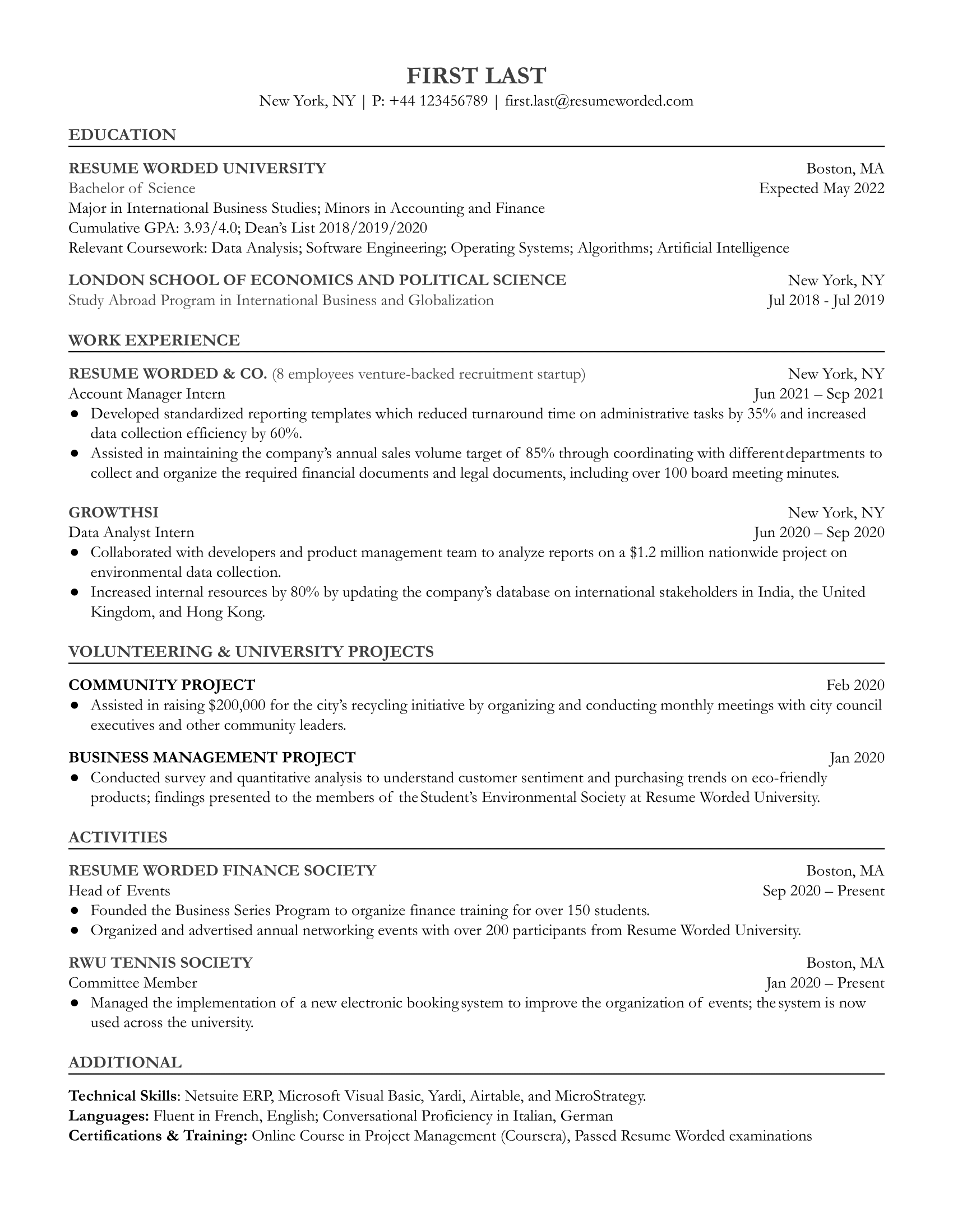 Resume of an Entry-Level Account Manager with emphasis on communication, negotiation, and problem-solving abilities.
