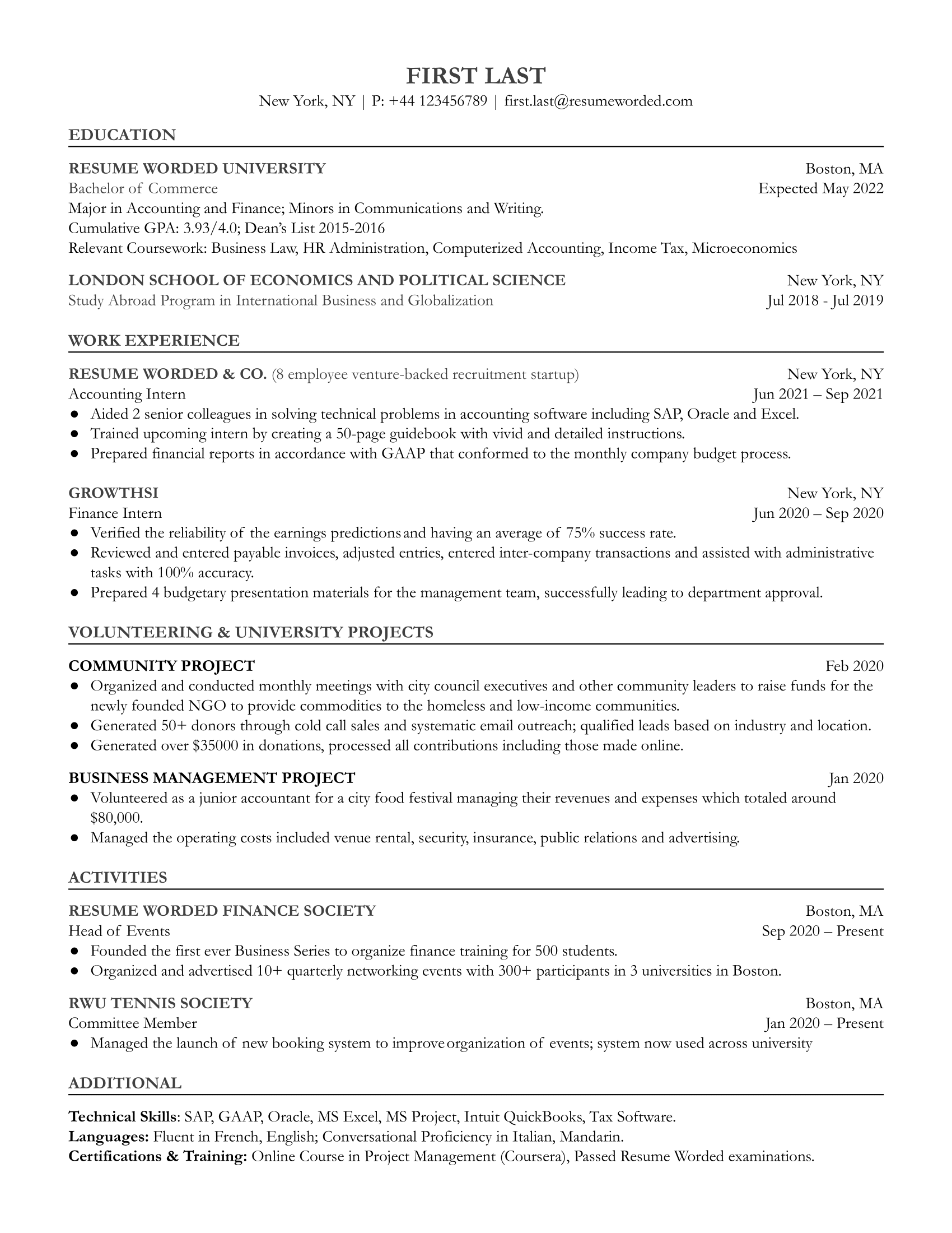 Entry level accountant resume with educational history, relevant internships, and volunteer projects