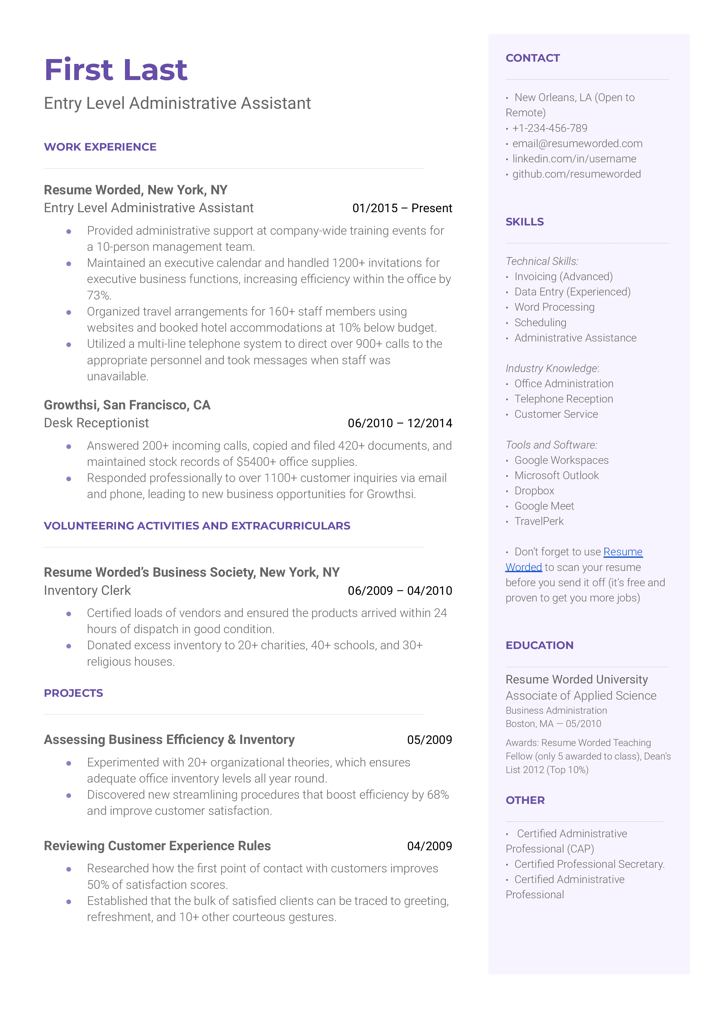 A resume for an entry level adminstrative assistant with a bachelor's degree and experience as an office assistant.