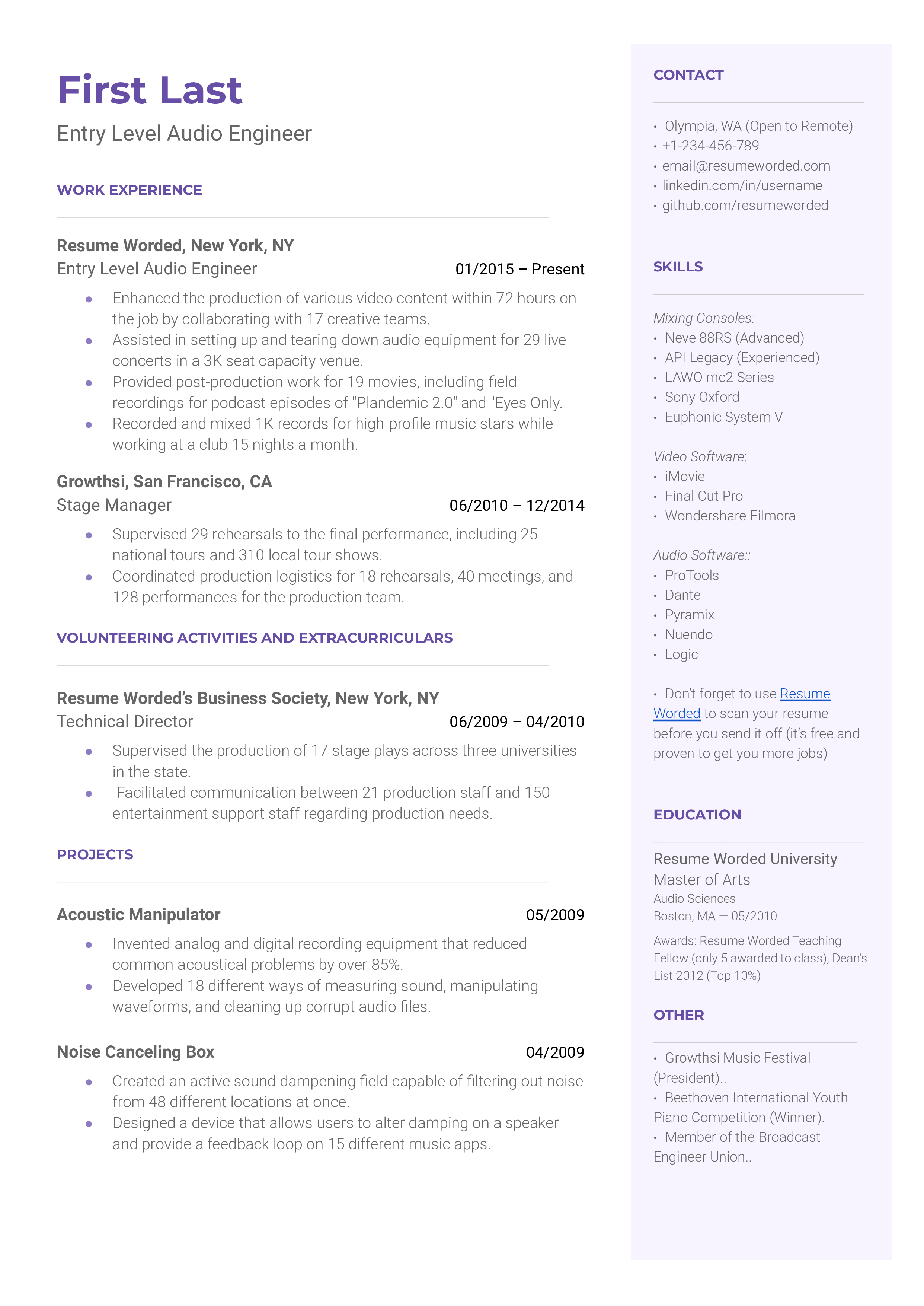 An entry-level audio engineer resume sample that highlights the applicant’s certifications and related experience.