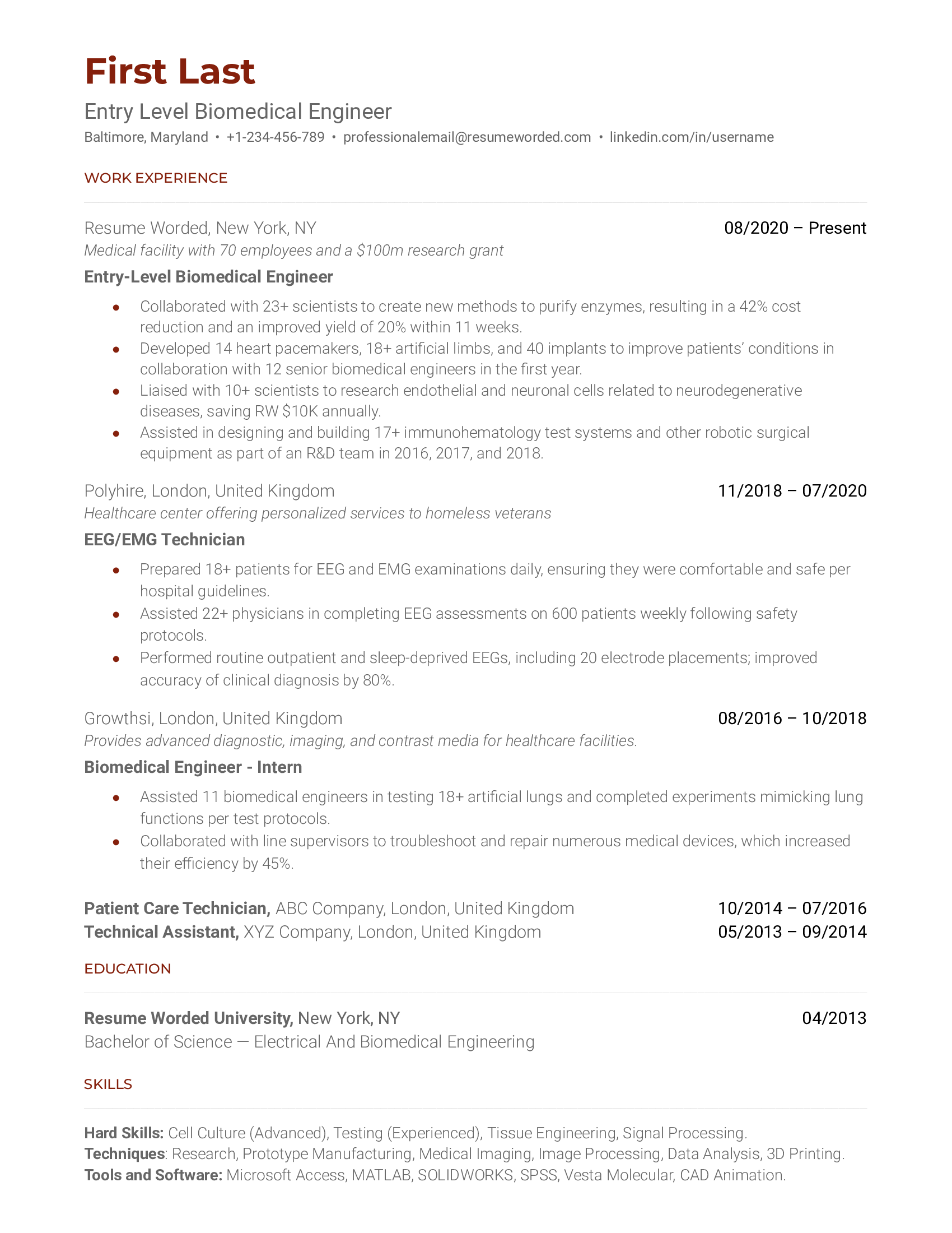 An entry-level biomedical engineer resume template that includes internship experience.
