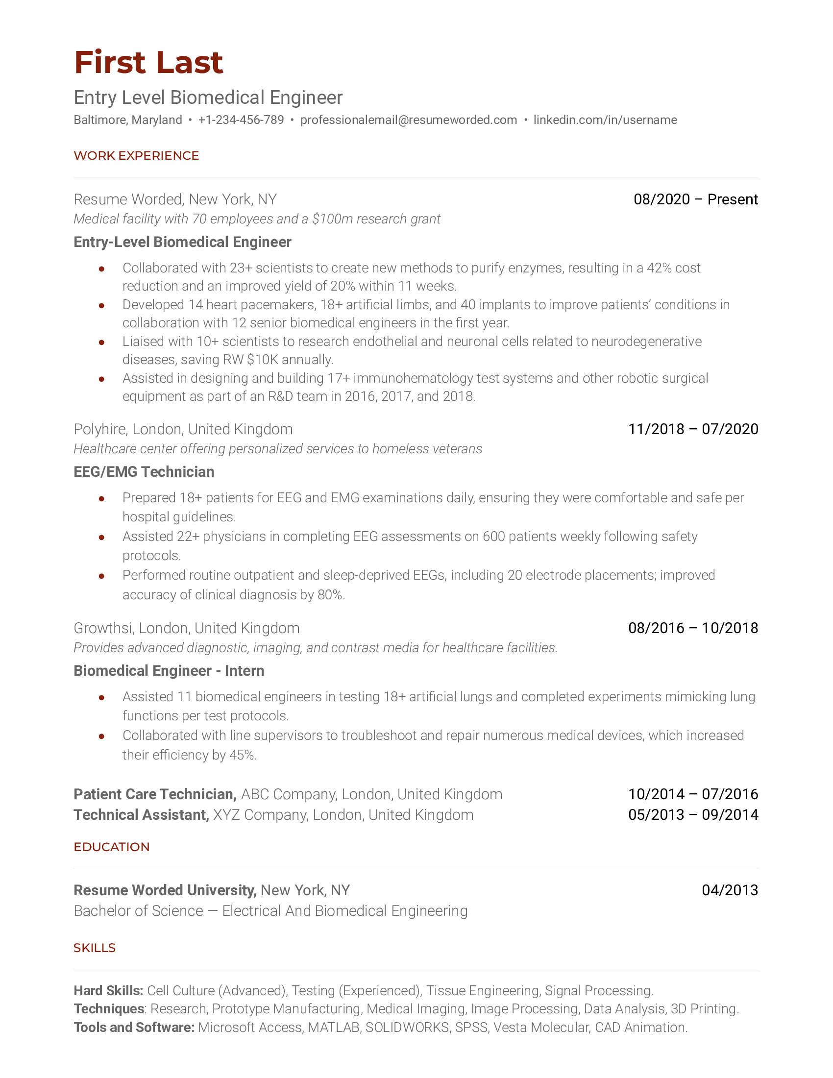 Entry Level Biomedical Engineer Resume Sample