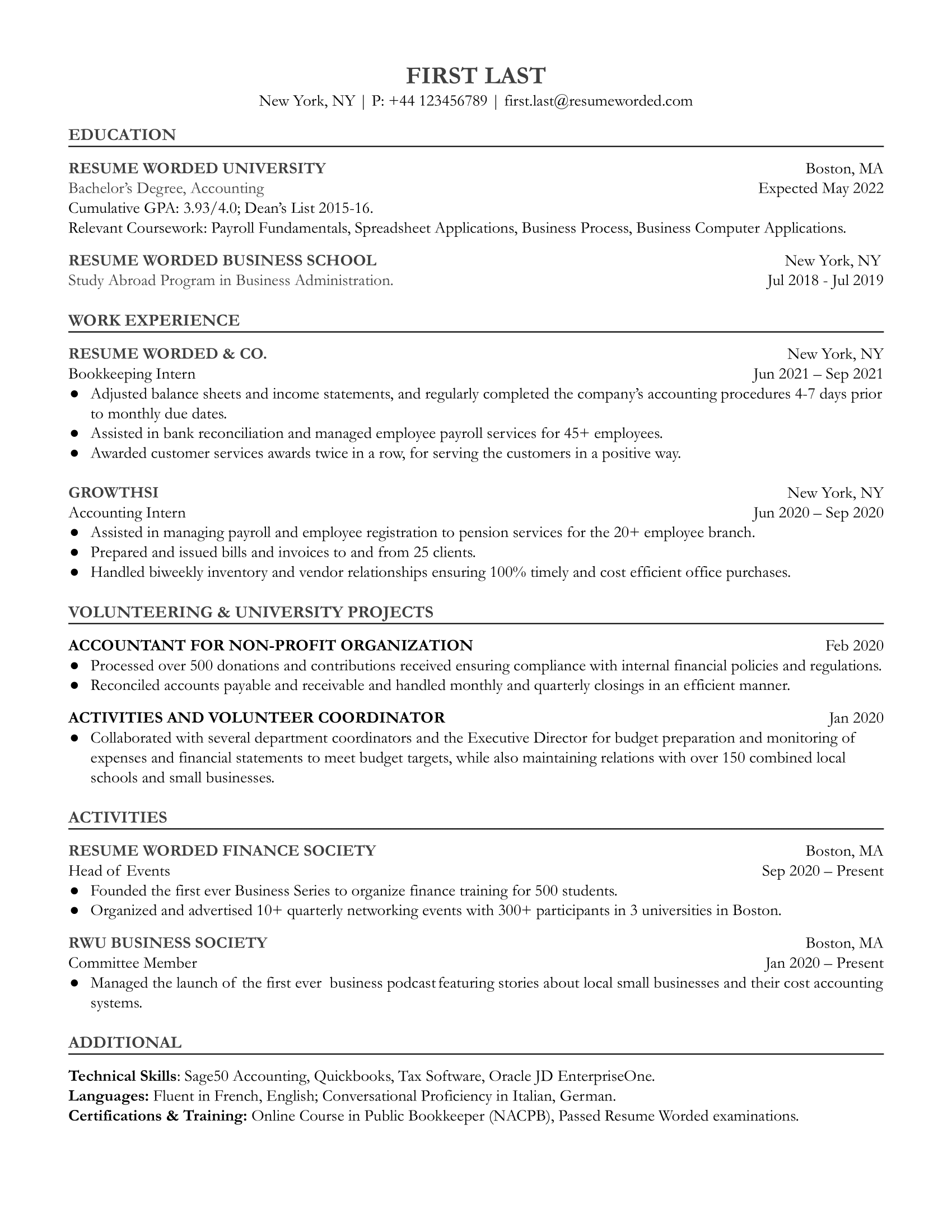 A CV for an entry-level bookkeeper displaying relevant financial software skills and attention to detail.