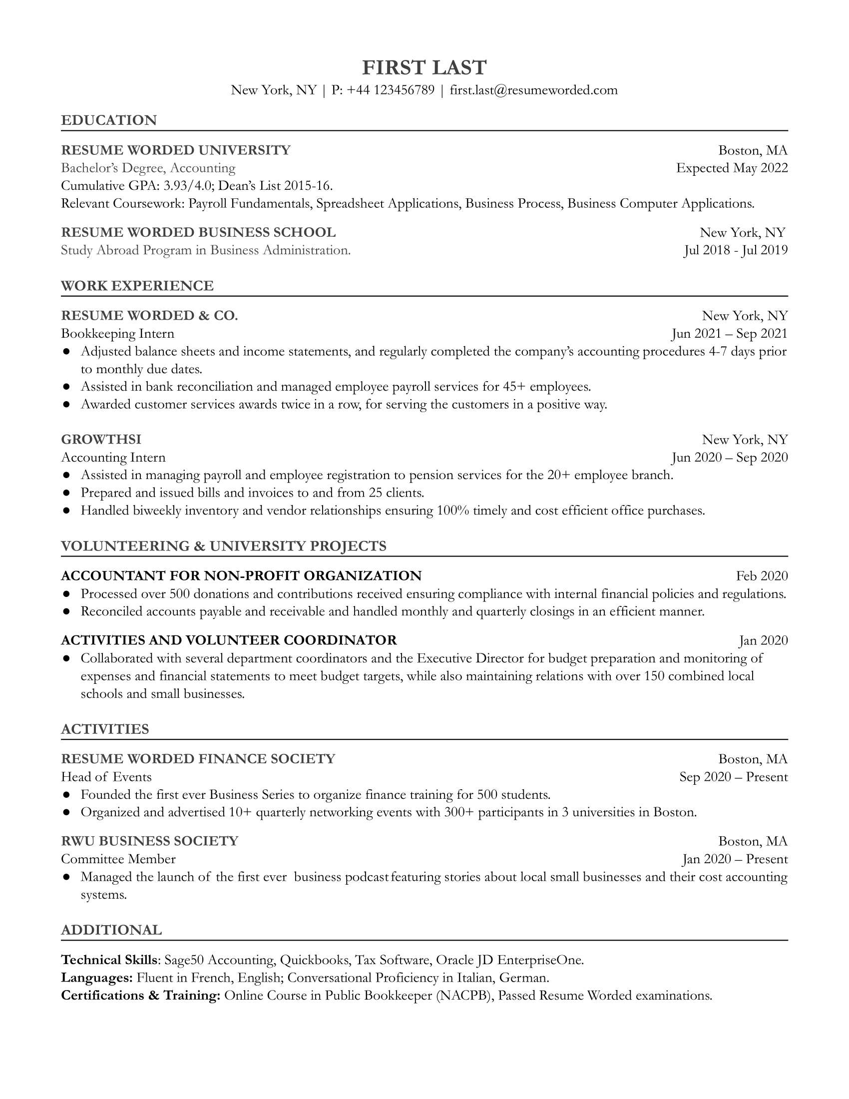 Entry-level bookkeeper resume showcasing accounting software knowledge and attention to detail.