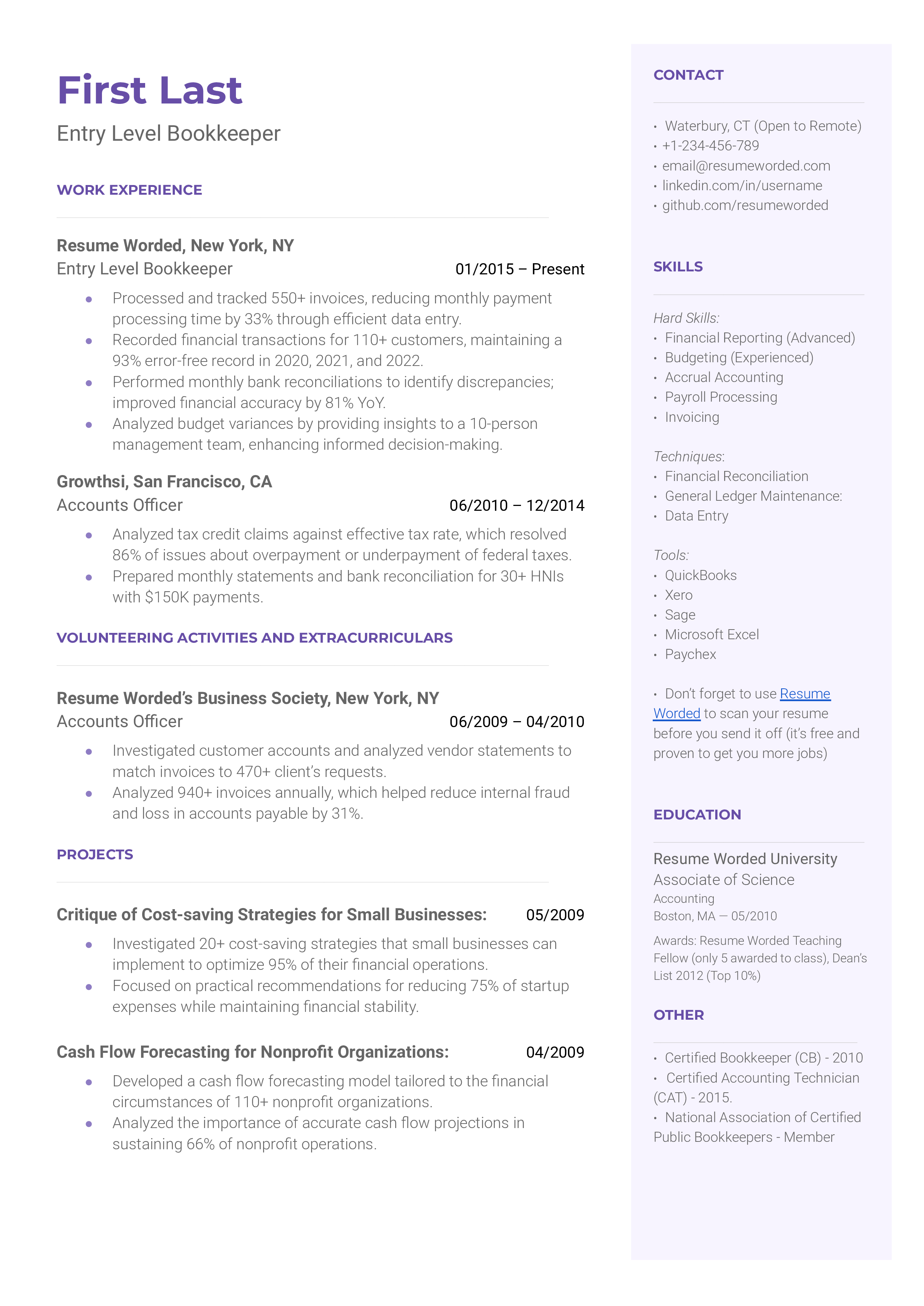 Entry-level bookkeeper resume showcasing accounting software knowledge and attention to detail.