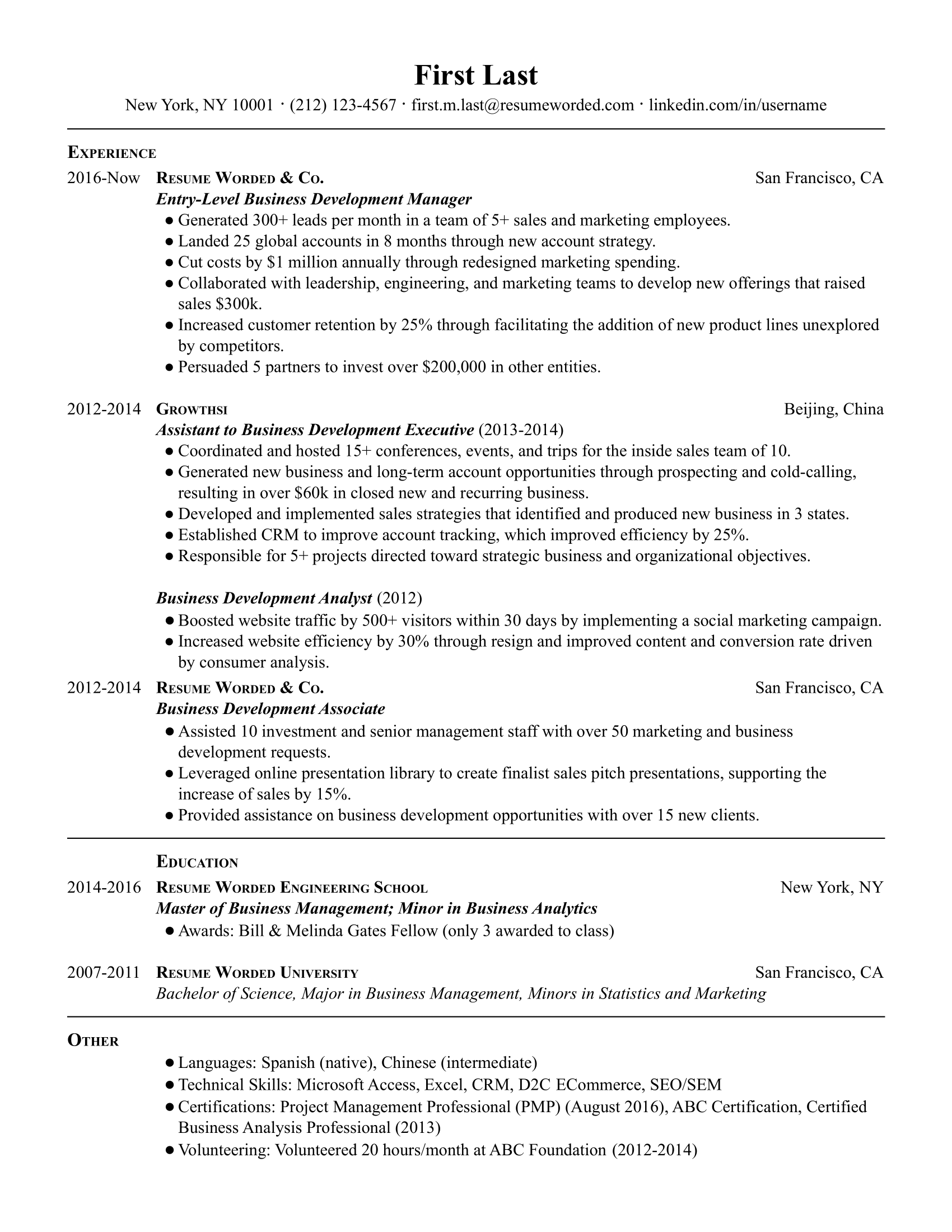 A resume for an entry level business development manager with a master's degree in business and experience as business development analyst.