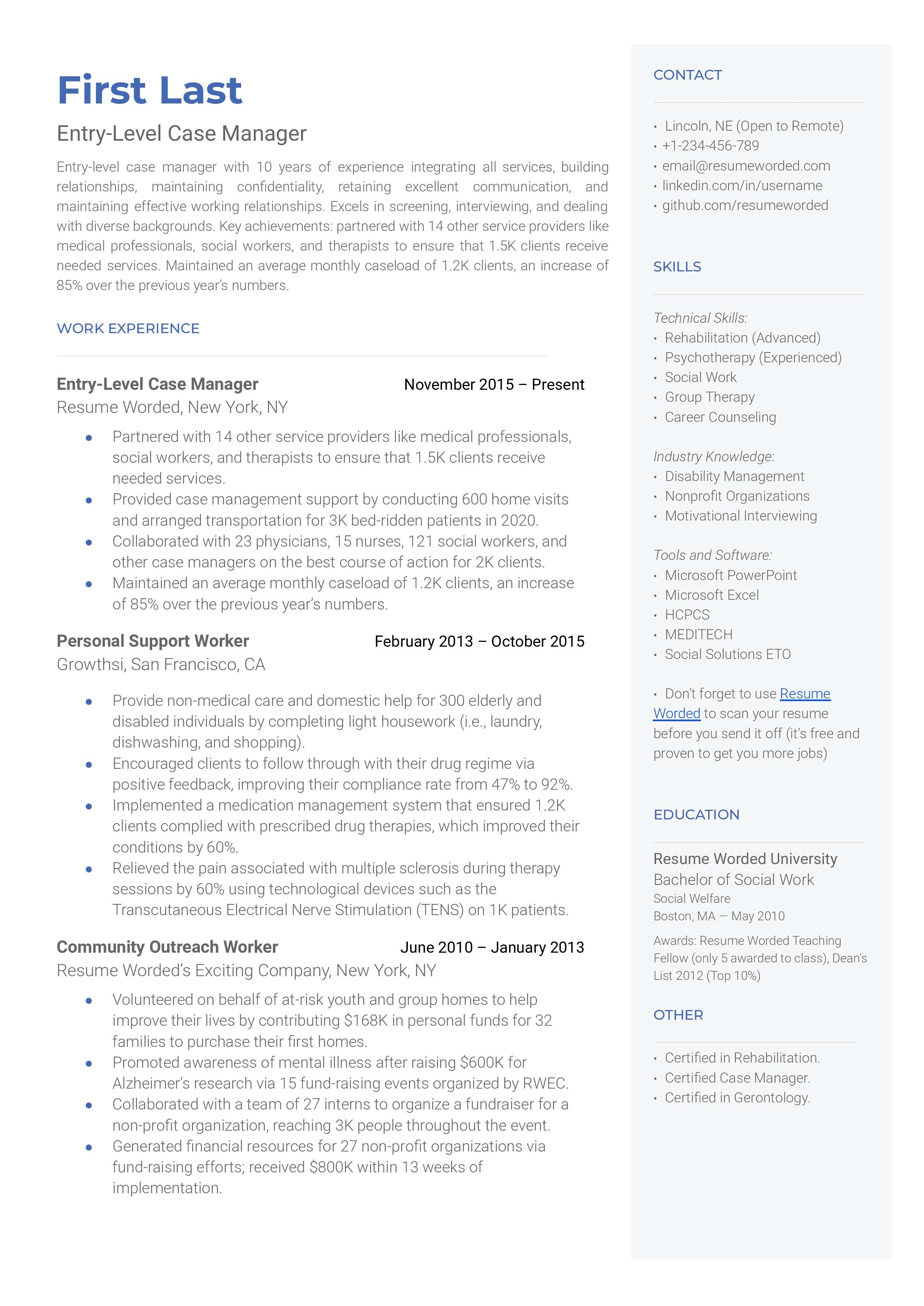 An entry-level case manager resume sample that highlights the applicant’s certifications and early experience.