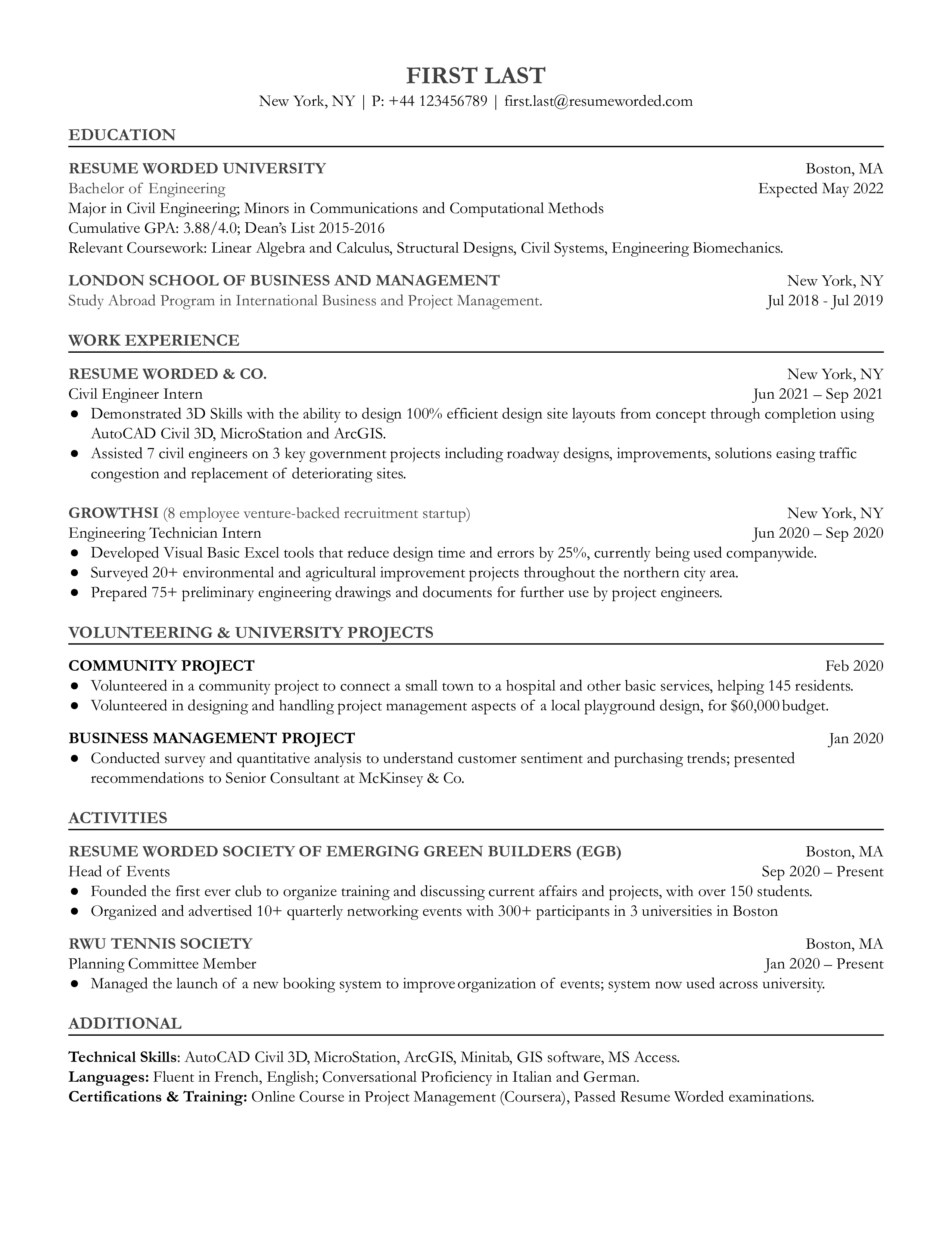 An entry-level civil engineer resume sample that highlights the applicant’s licenses and early engineering projects.
