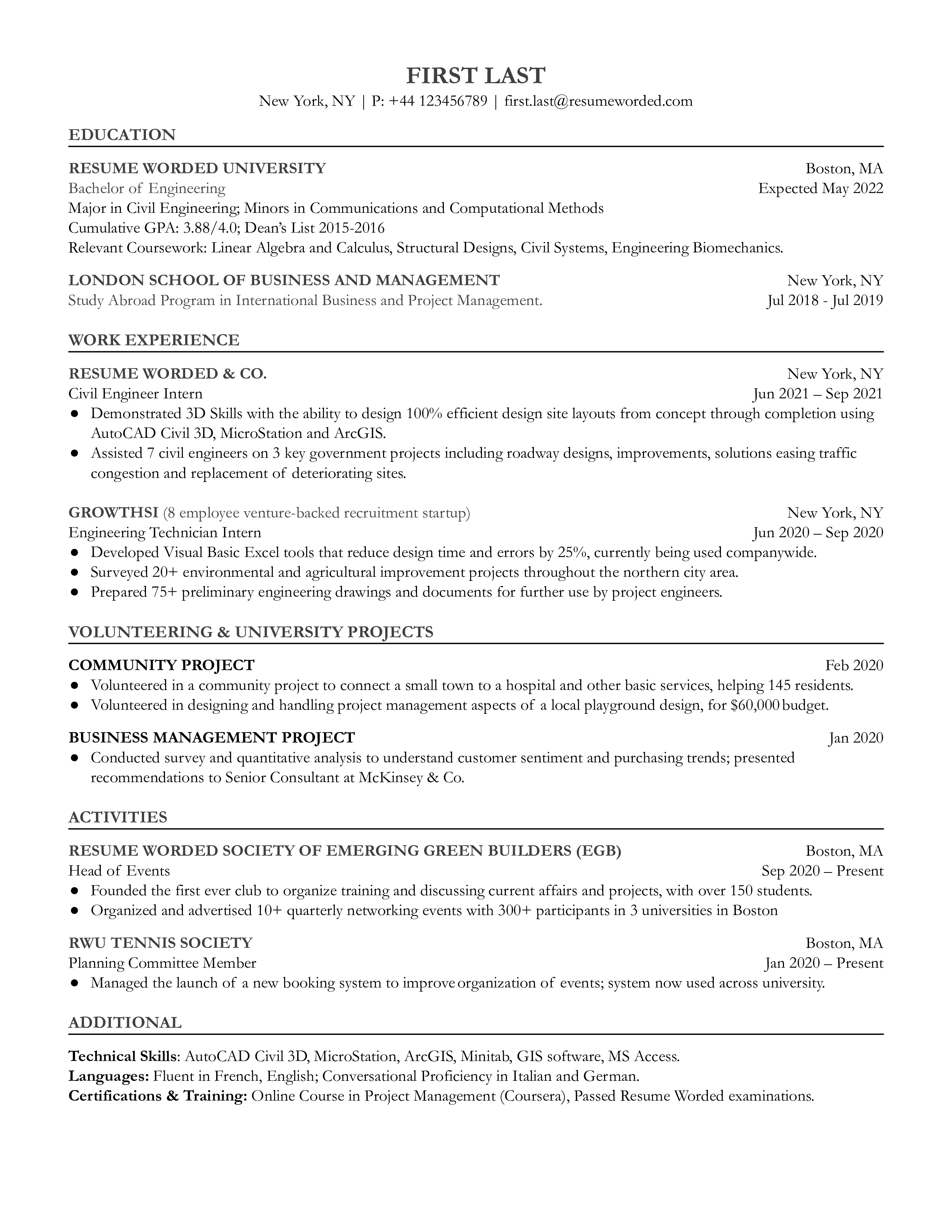 Civil engineer CV displaying software skills and sustainable design understanding.