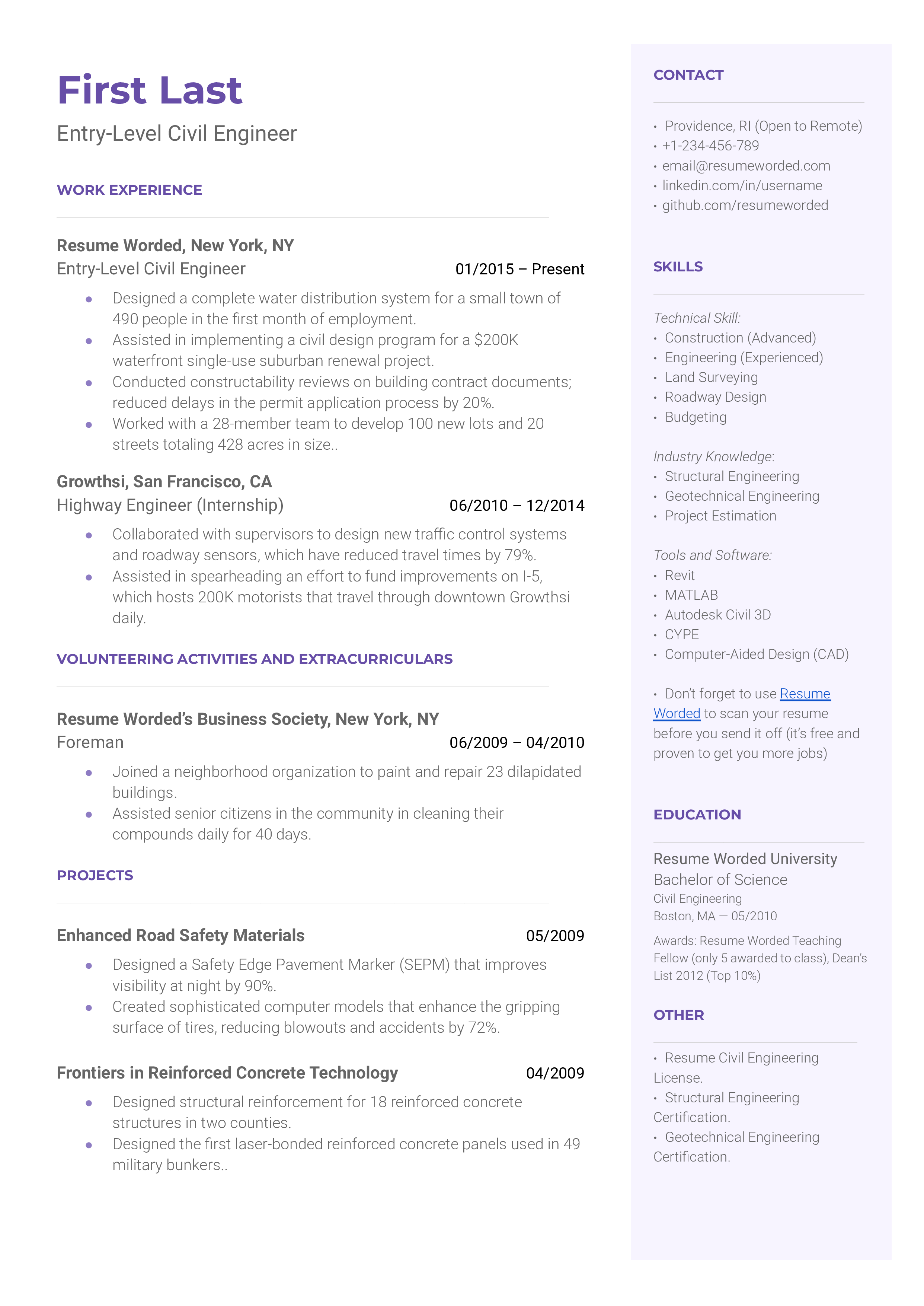 A detailed CV for an Entry-Level Civil Engineer showcasing software skills and internship experiences.
