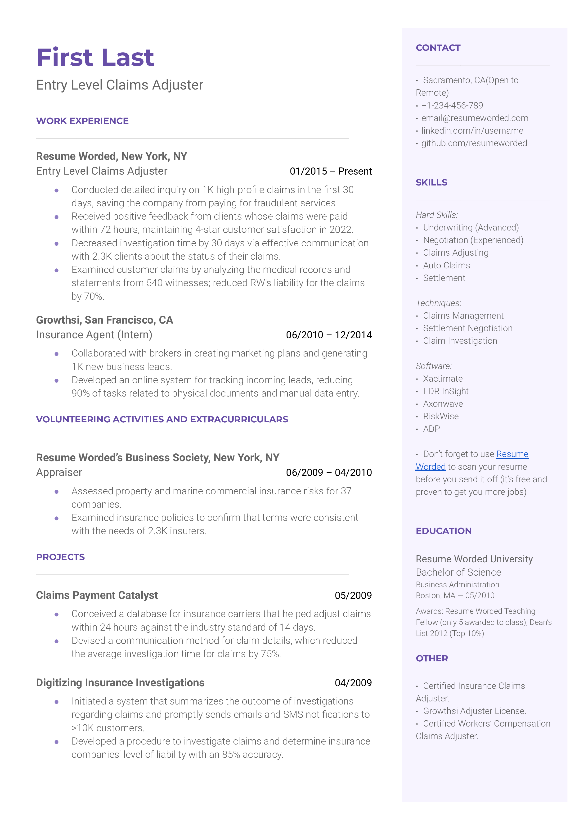 CV screenshot showcasing tech-savviness and problem-solving skills for an Entry Level Claims Adjuster role.