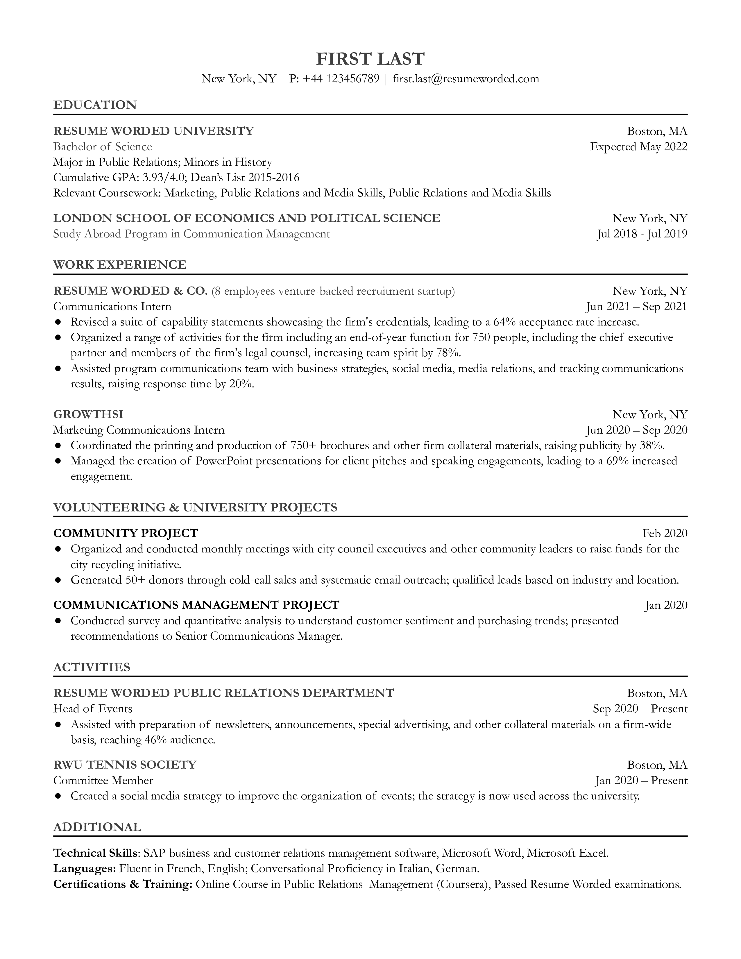 An entry level communications specialist resume that highlights skills for graduates to get their first professional communications job