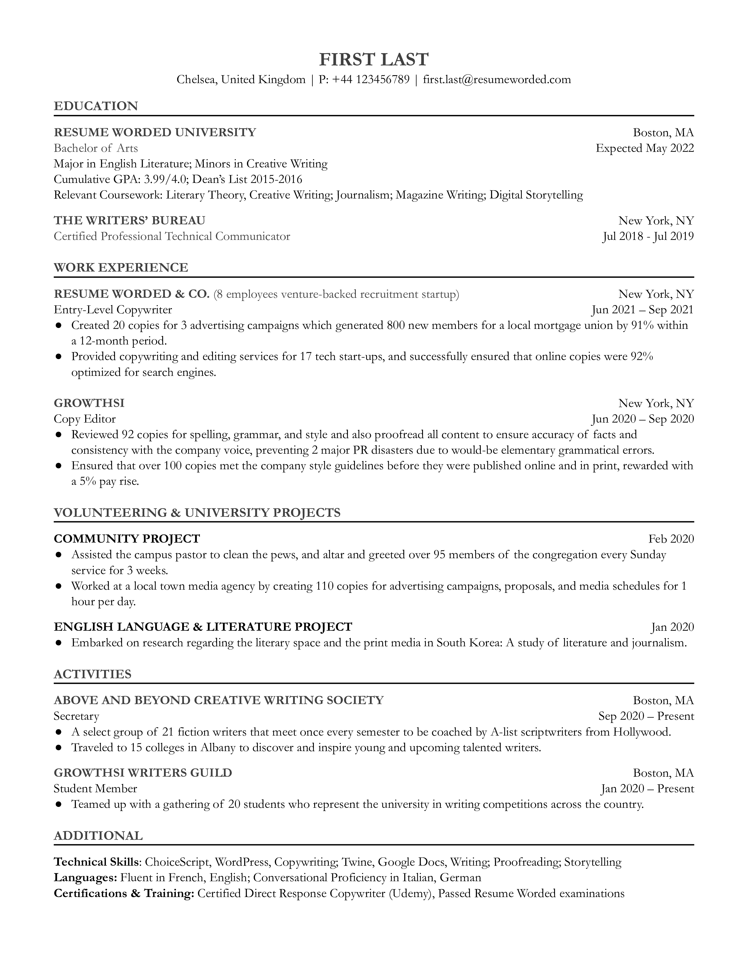 Entry-level copywriter resume sample that highlights portfolio idea and applicant's educational background.